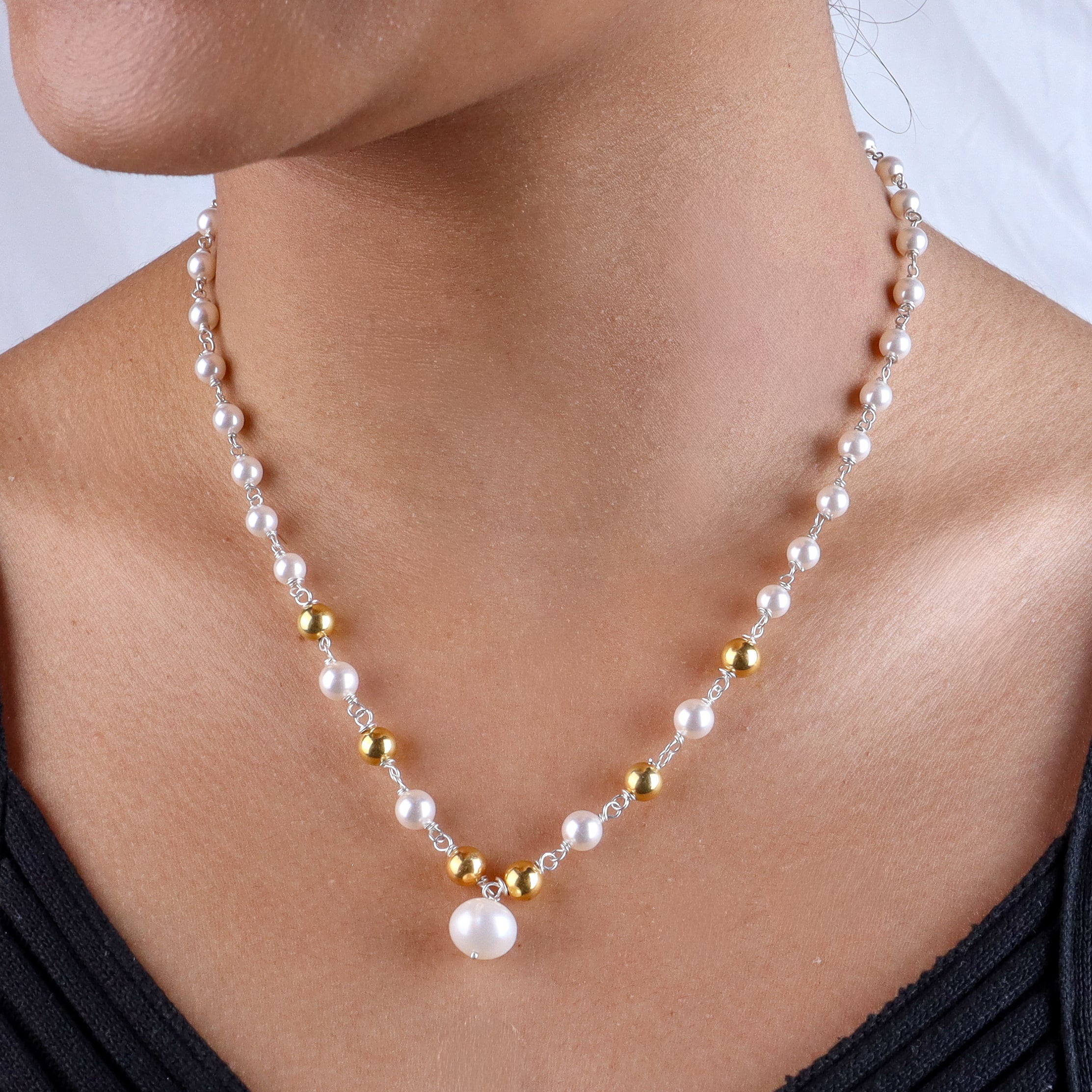 Pearl Ganthan Necklace with Gold Plated Silver Beads