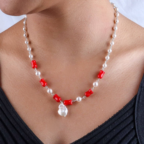 Close-up of pearl Ganthan necklace highlighting natural pearls and vibrant semiprecious gemstone detailing