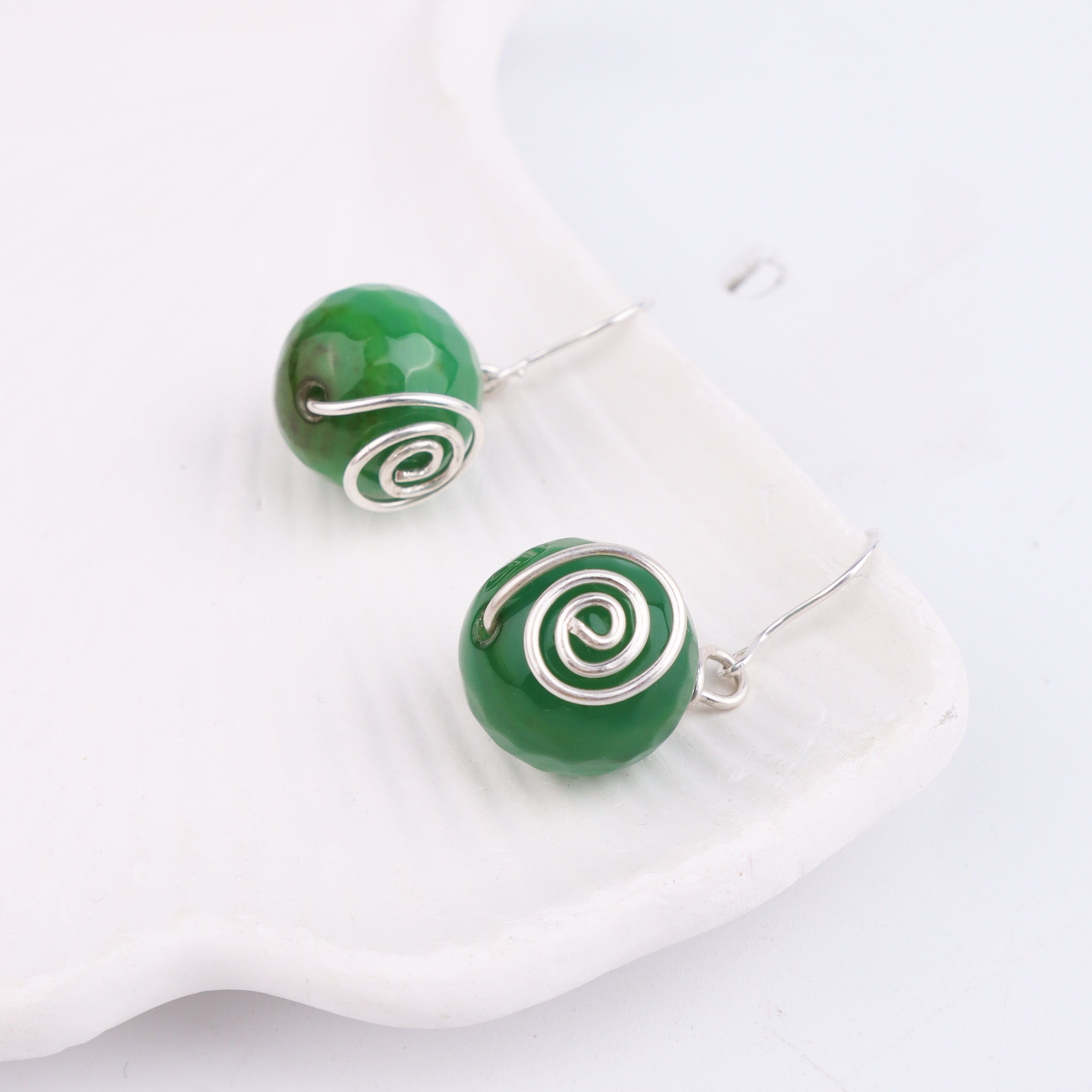 Green Agate Silver Earrings (Project Handmade)