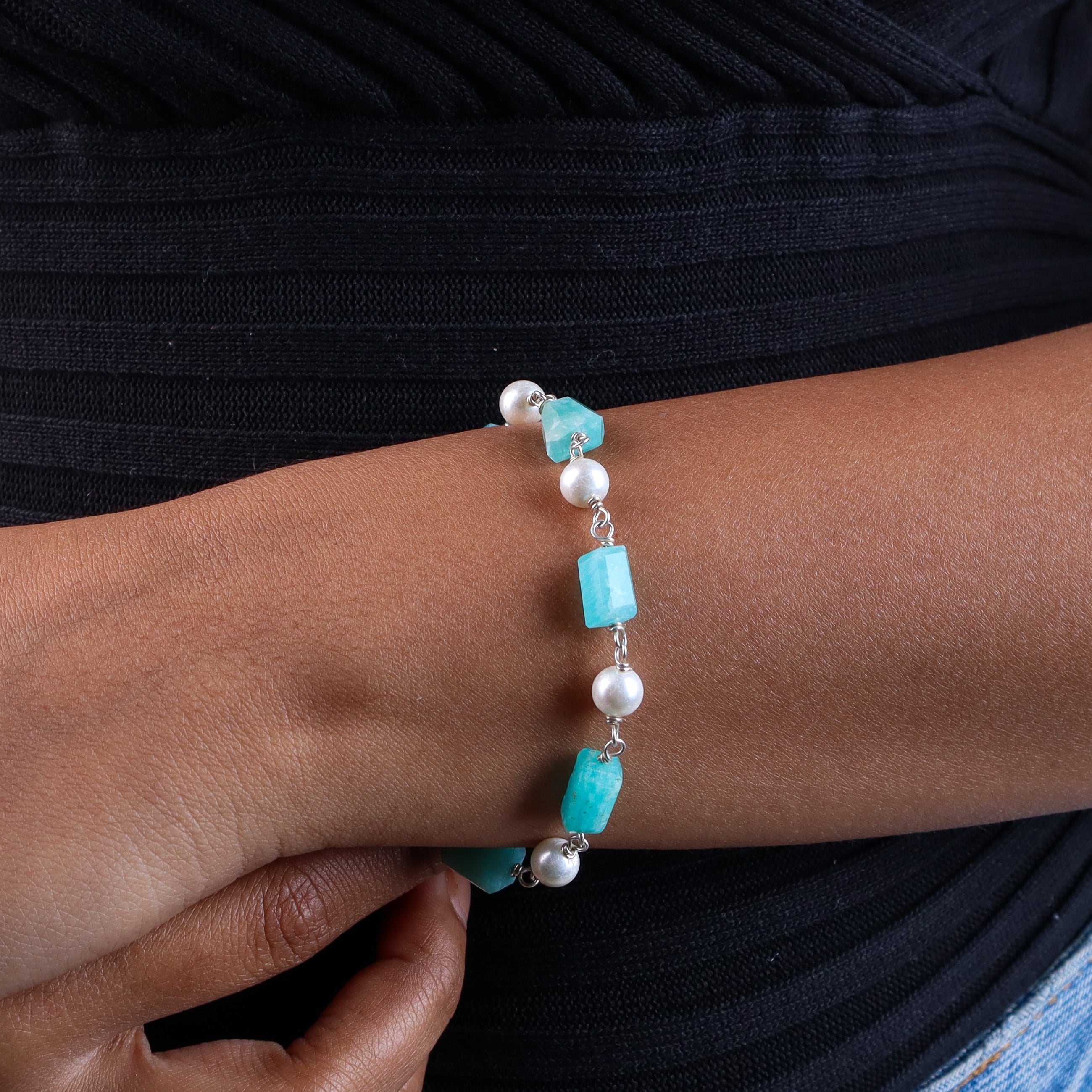 Silver Bracelet with Fresh Water Pearls and Semiprecious Stones