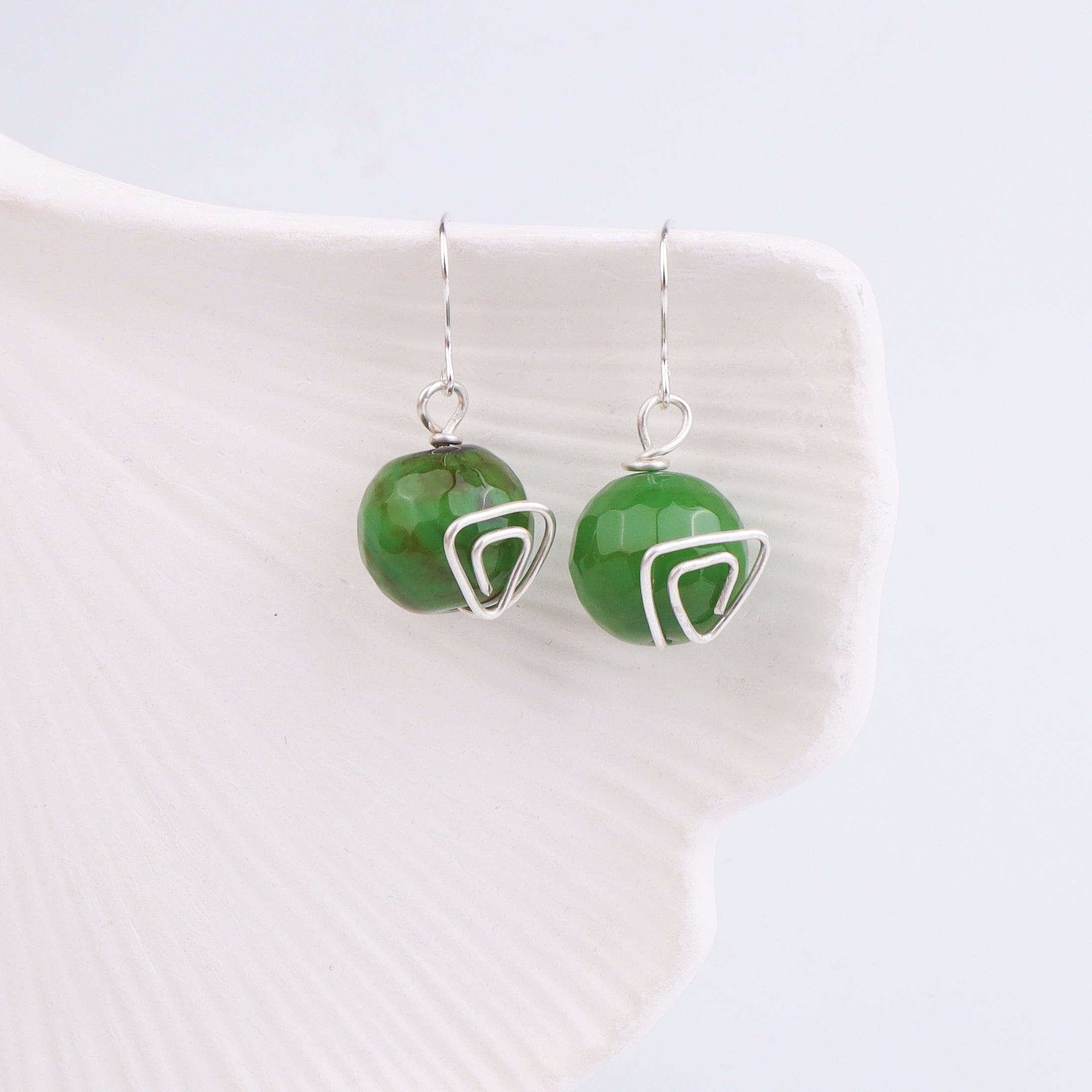 Emerald Green Agate Silver Earrings (Project Handmade)