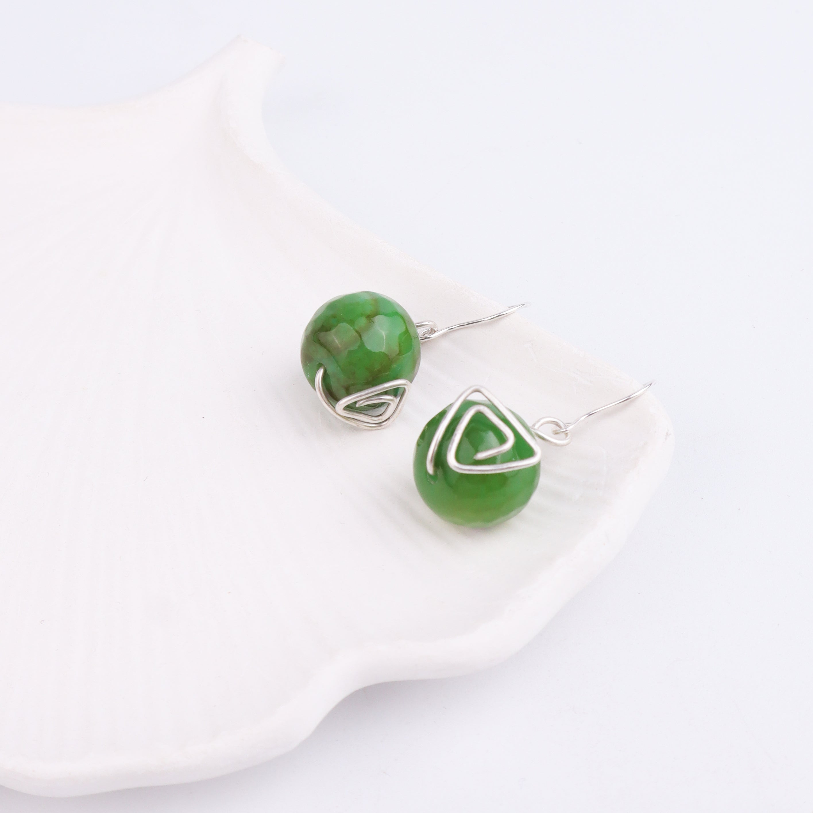 Emerald Green Agate Silver Earrings (Project Handmade)