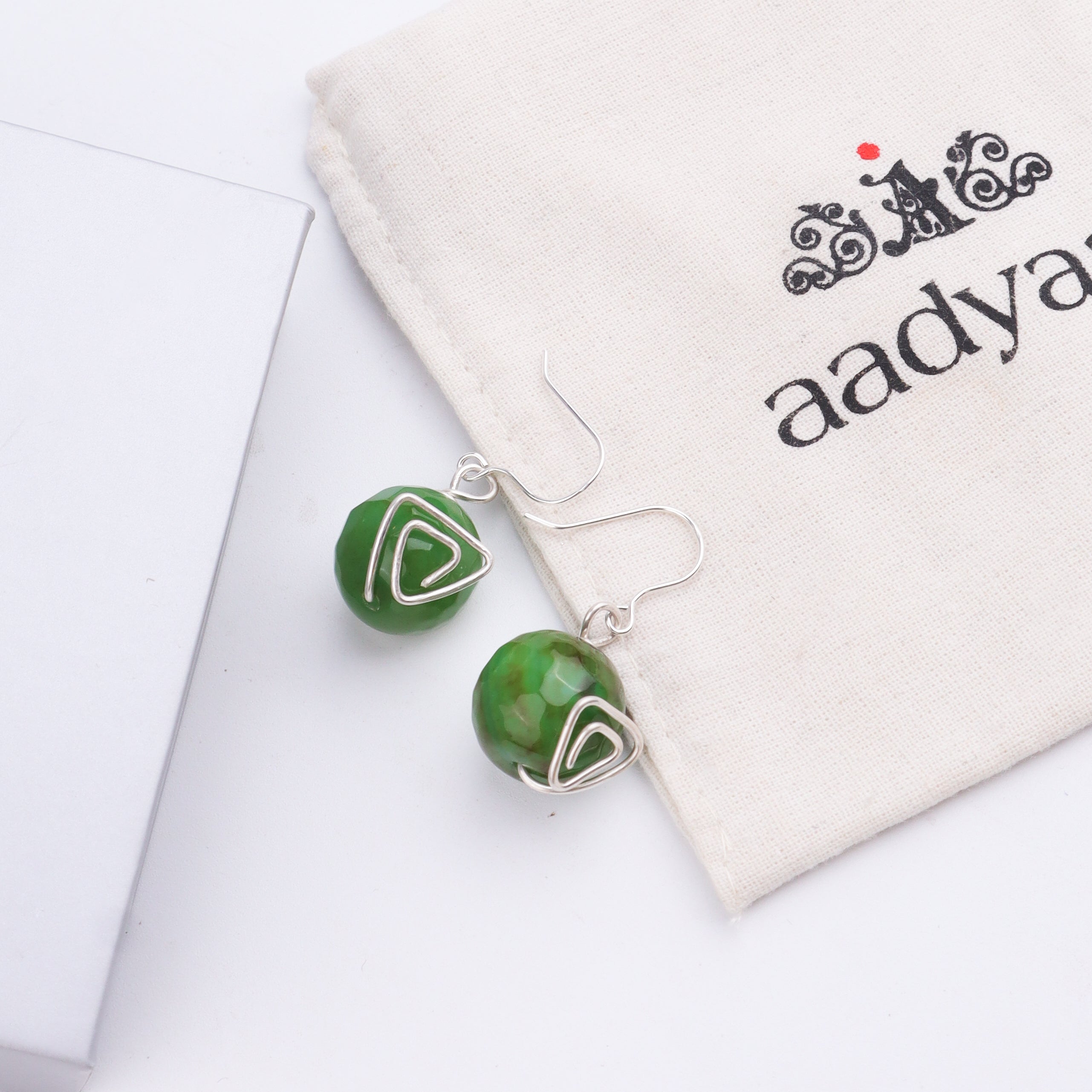 Emerald Green Agate Silver Earrings (Project Handmade)
