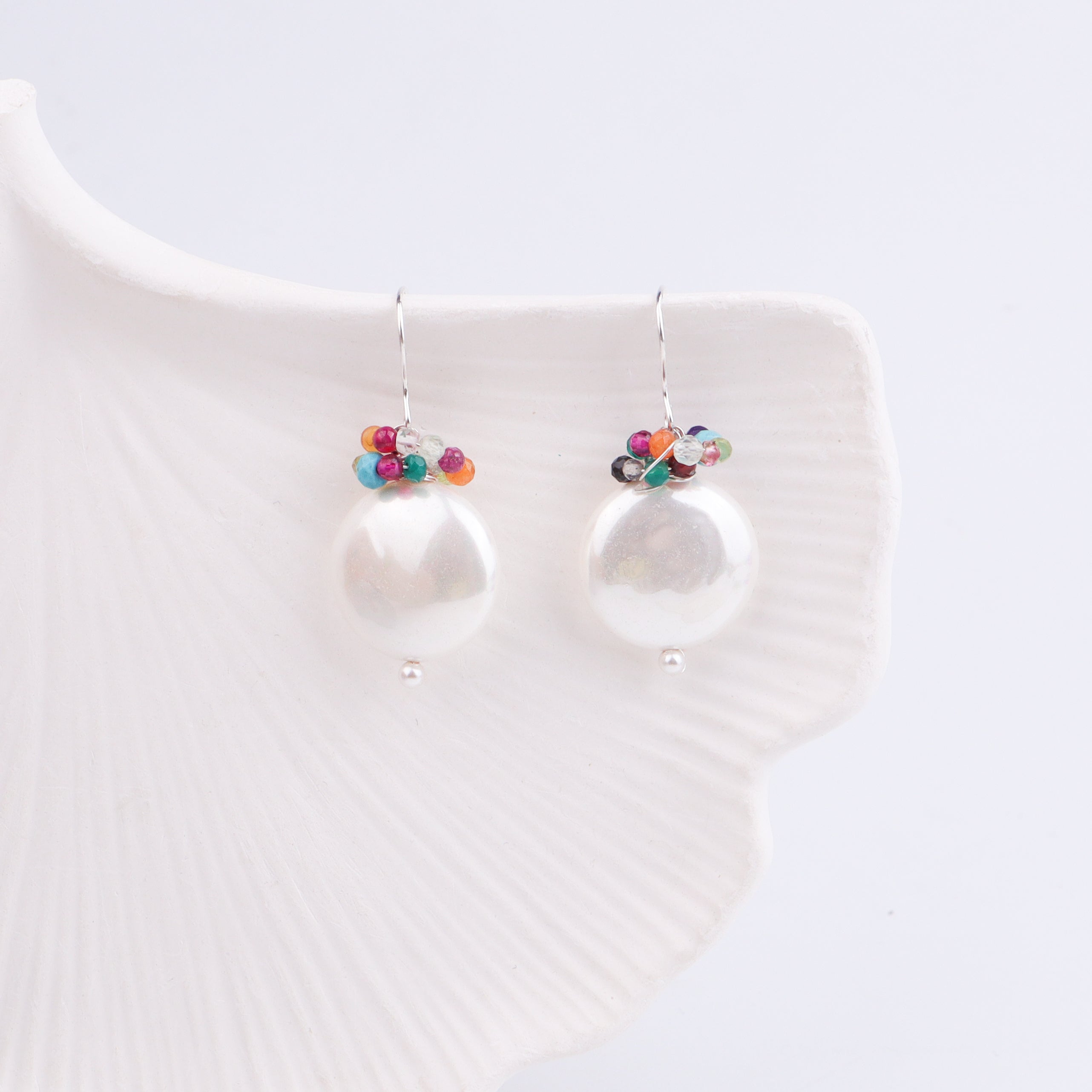 Coin Pearl Silver Earrings with Multicolor Stones (Project Handmade)