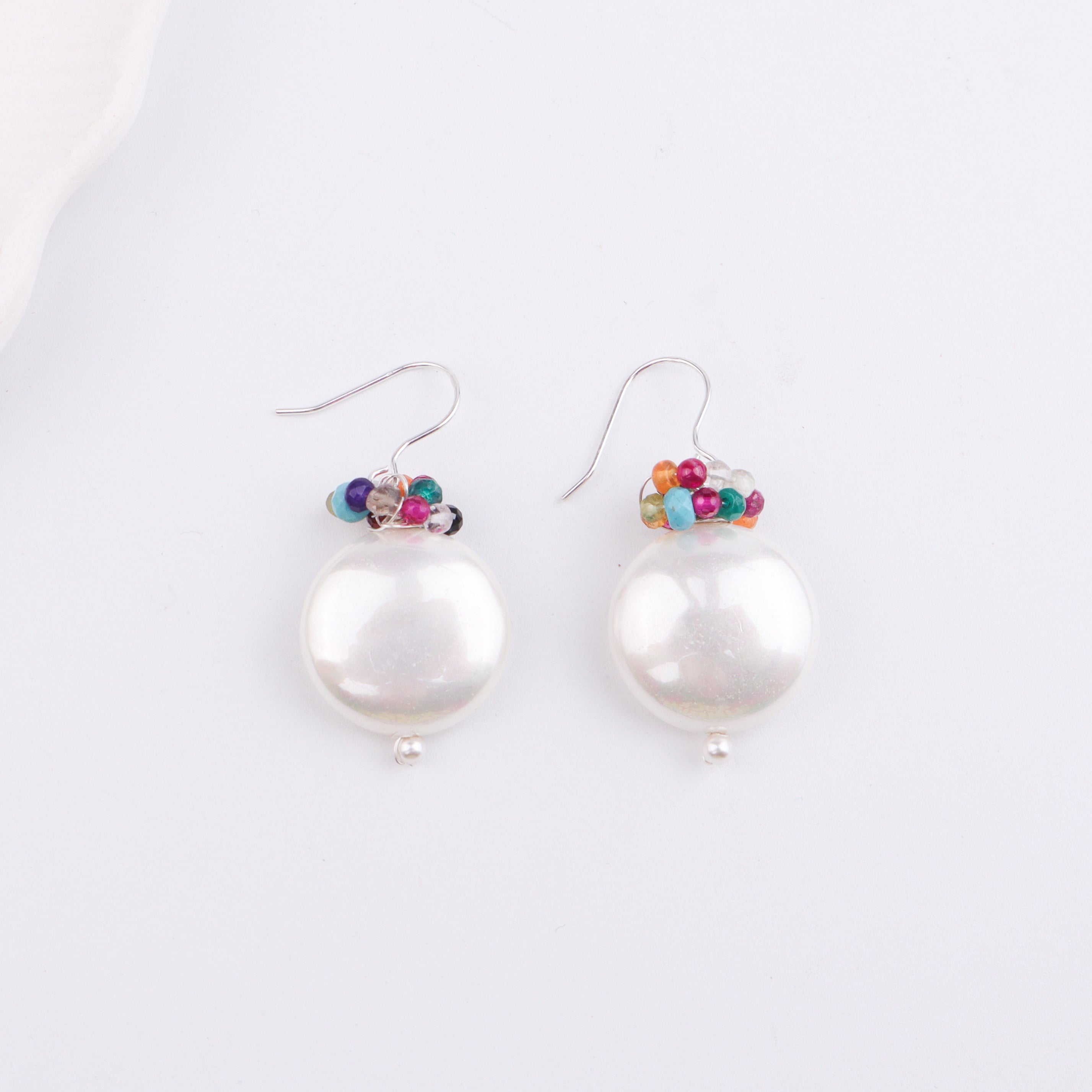 Coin Pearl Silver Earrings with Multicolor Stones (Project Handmade)