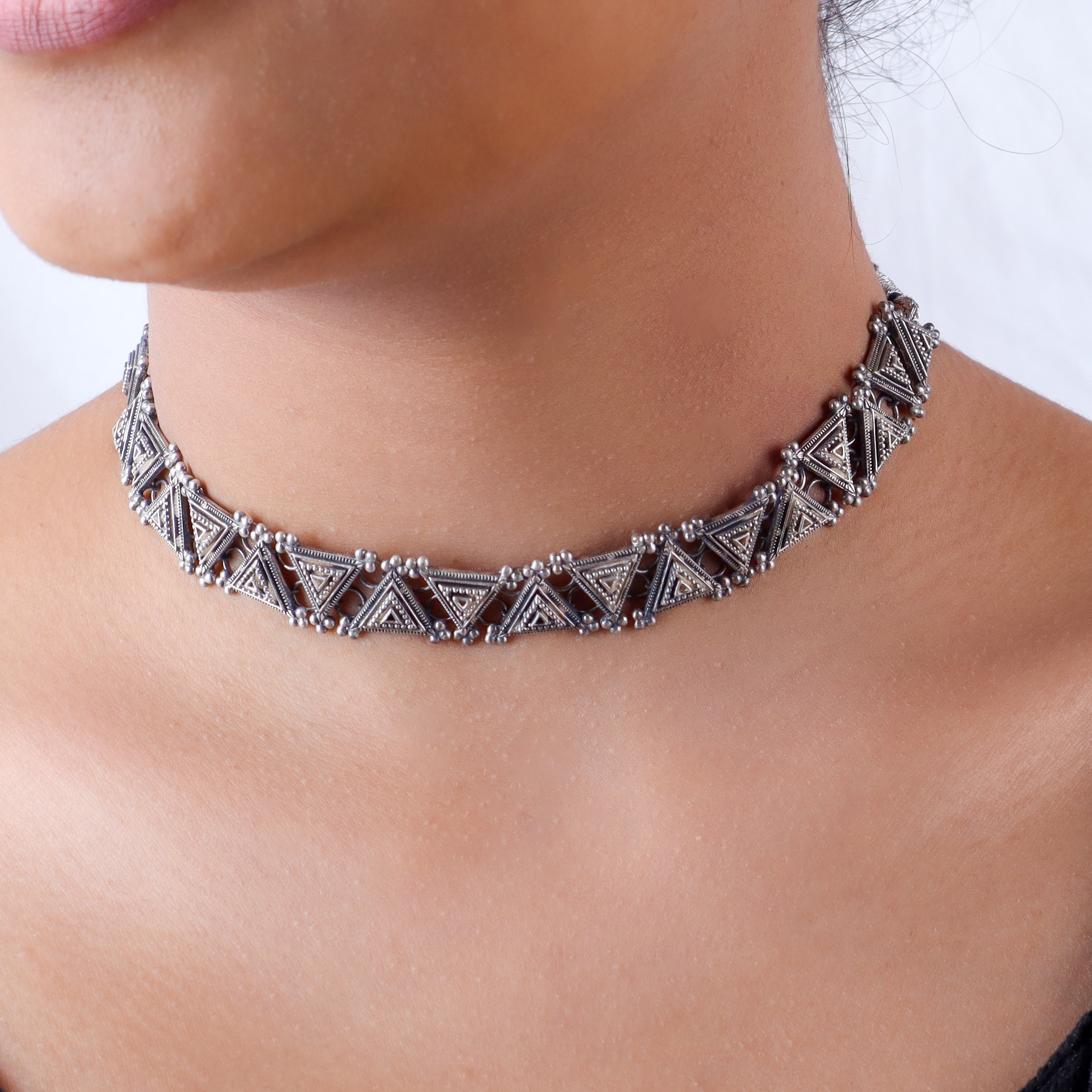 Silver Oxidised Triangle Choker with Earrings