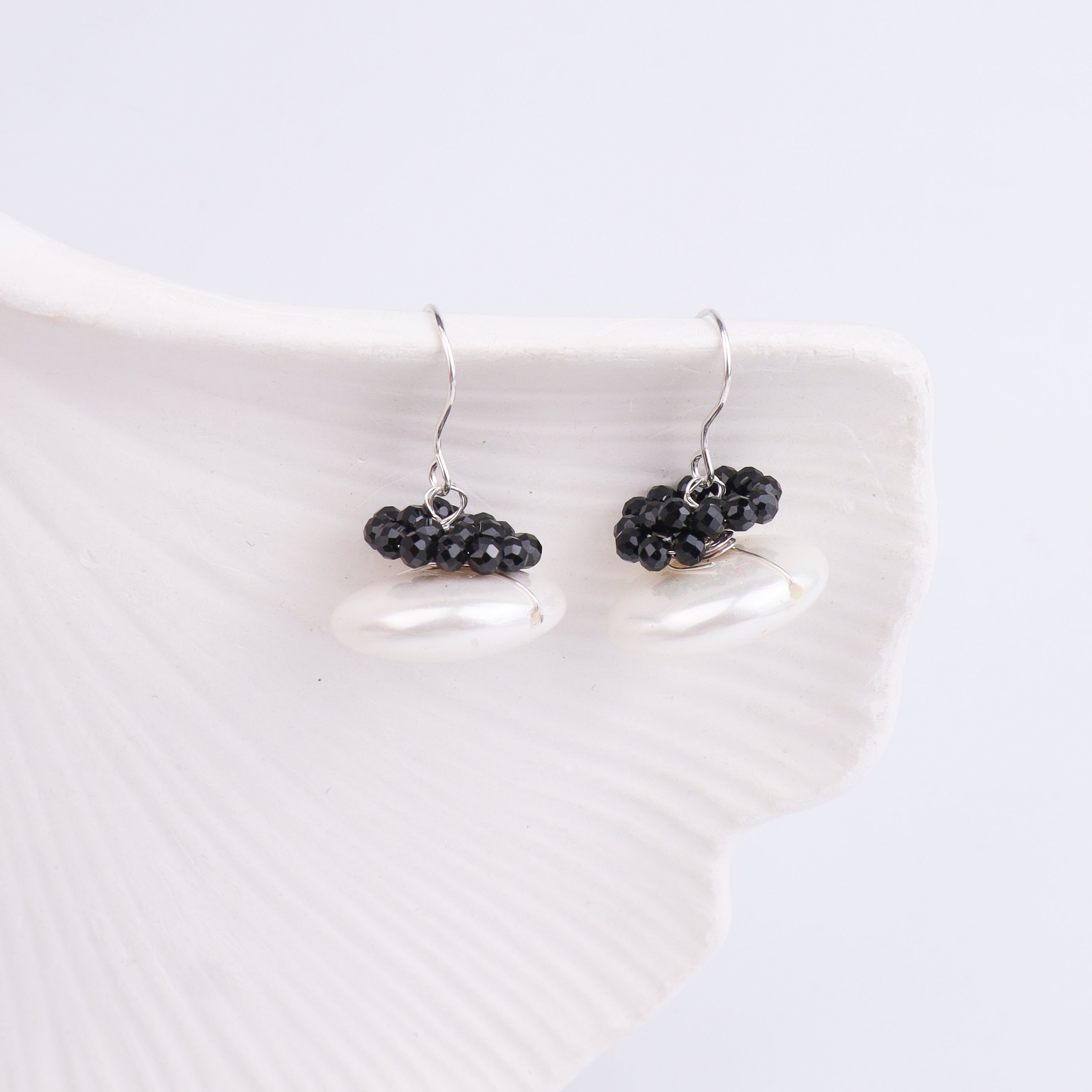 Coin Pearl Silver Earrings with Black Spinel (Project Handmade)