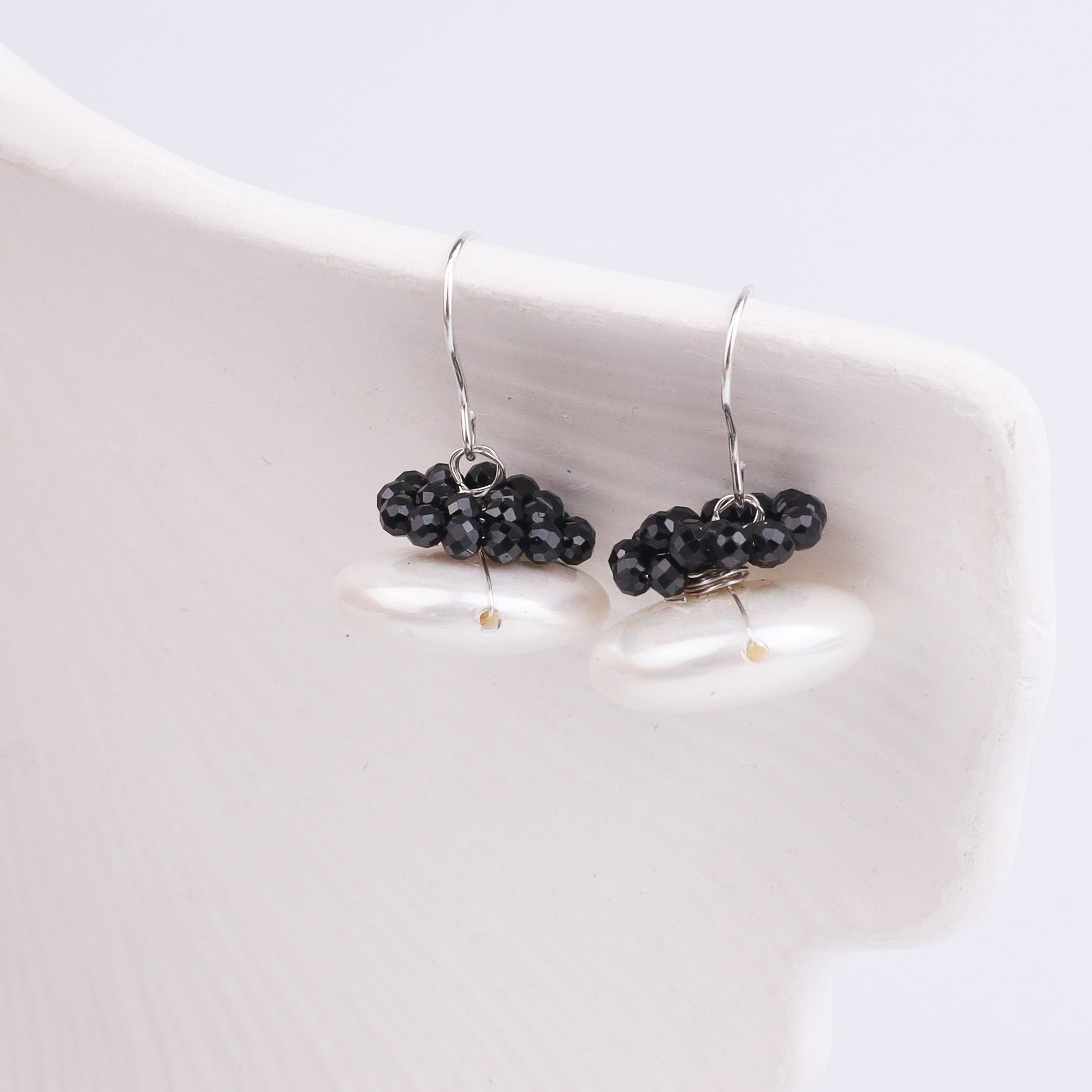 Coin Pearl Silver Earrings with Black Spinel (Project Handmade)