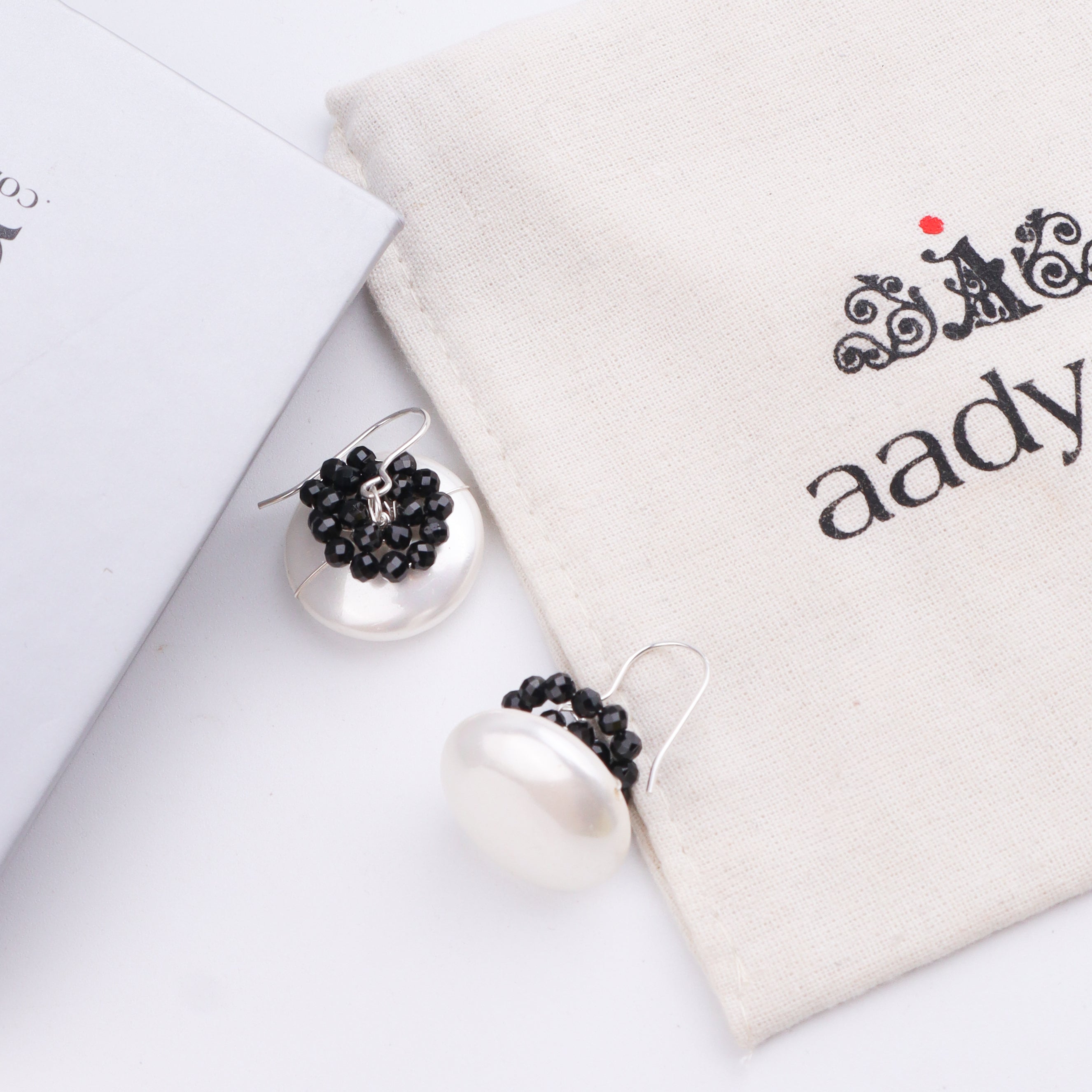 Coin Pearl Silver Earrings with Black Spinel (Project Handmade)