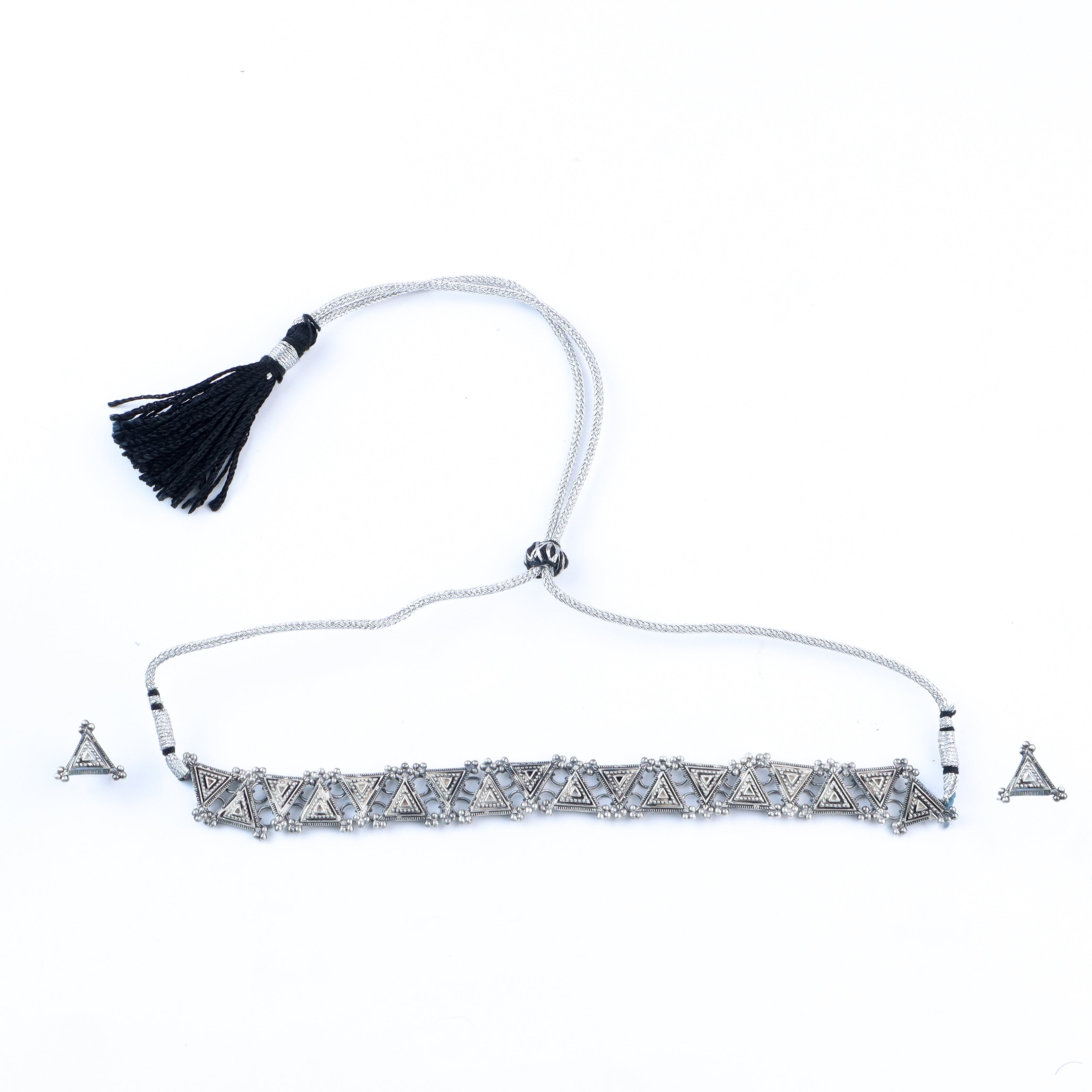 Silver Oxidised Triangle Choker with Earrings