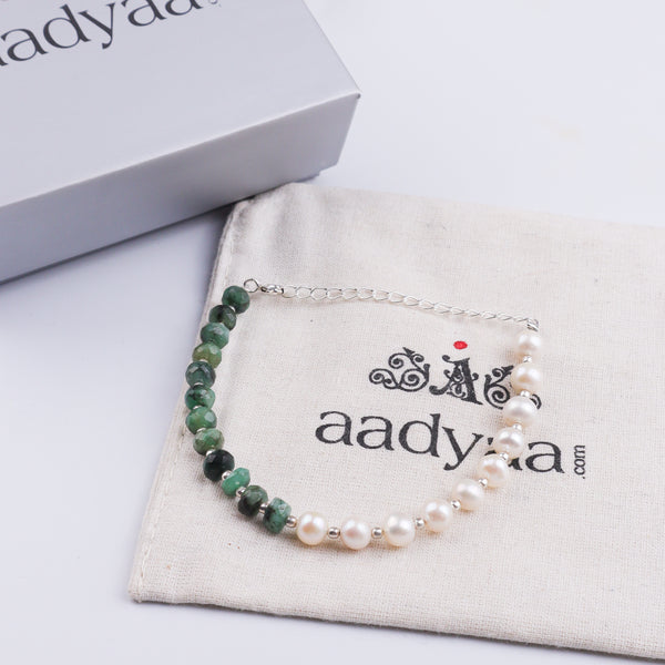 Emerald & Freshwater Pearl Silver Bracelet (Project Handmade)