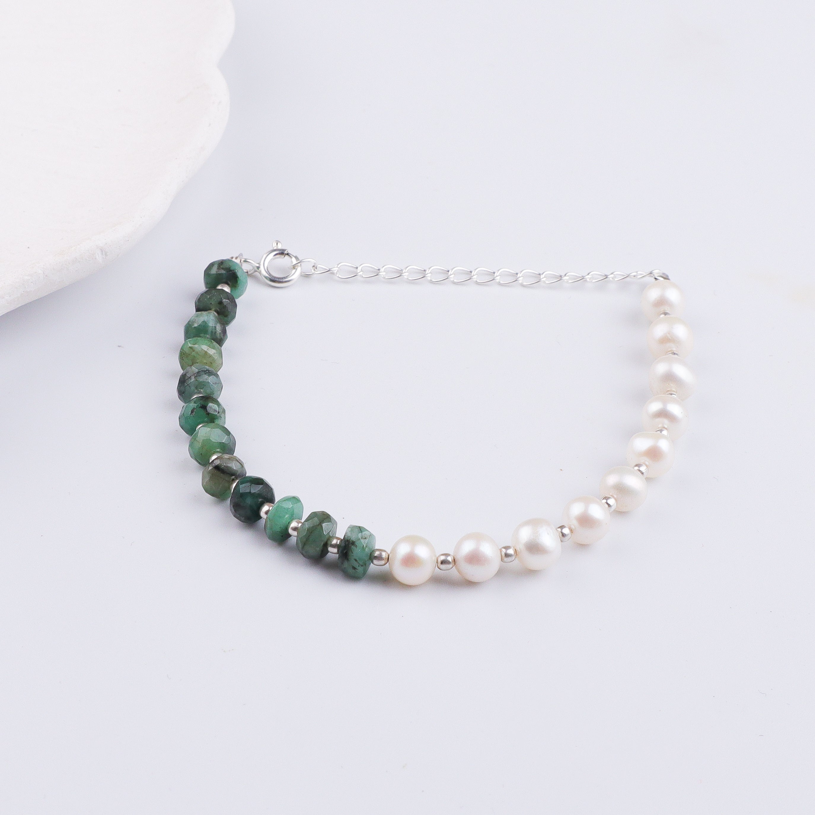 Emerald & Freshwater Pearl Silver Bracelet (Project Handmade)