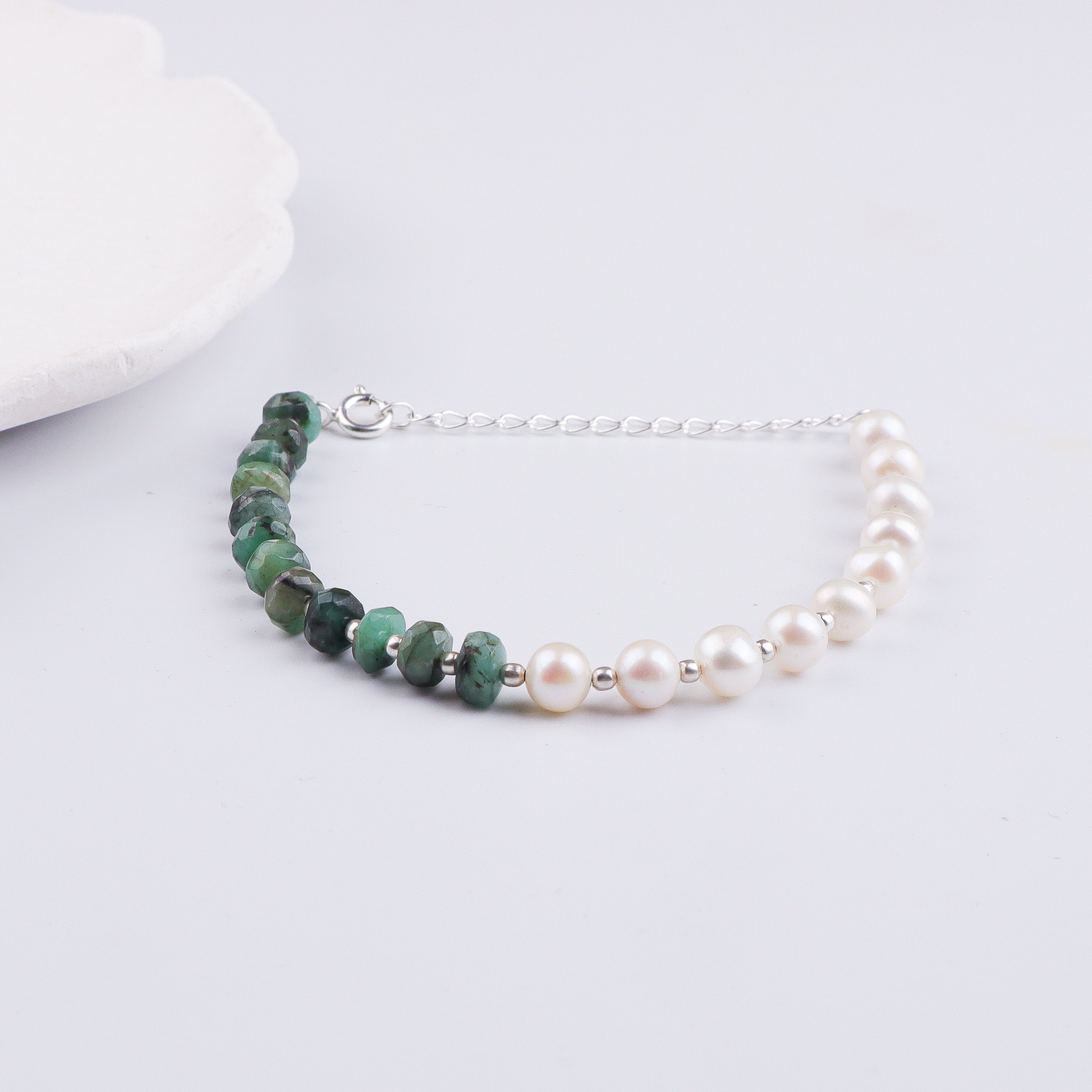 Emerald & Freshwater Pearl Silver Bracelet (Project Handmade)