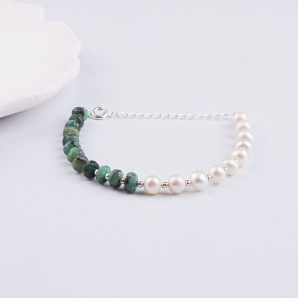 Emerald & Freshwater Pearl Silver Bracelet (Project Handmade)