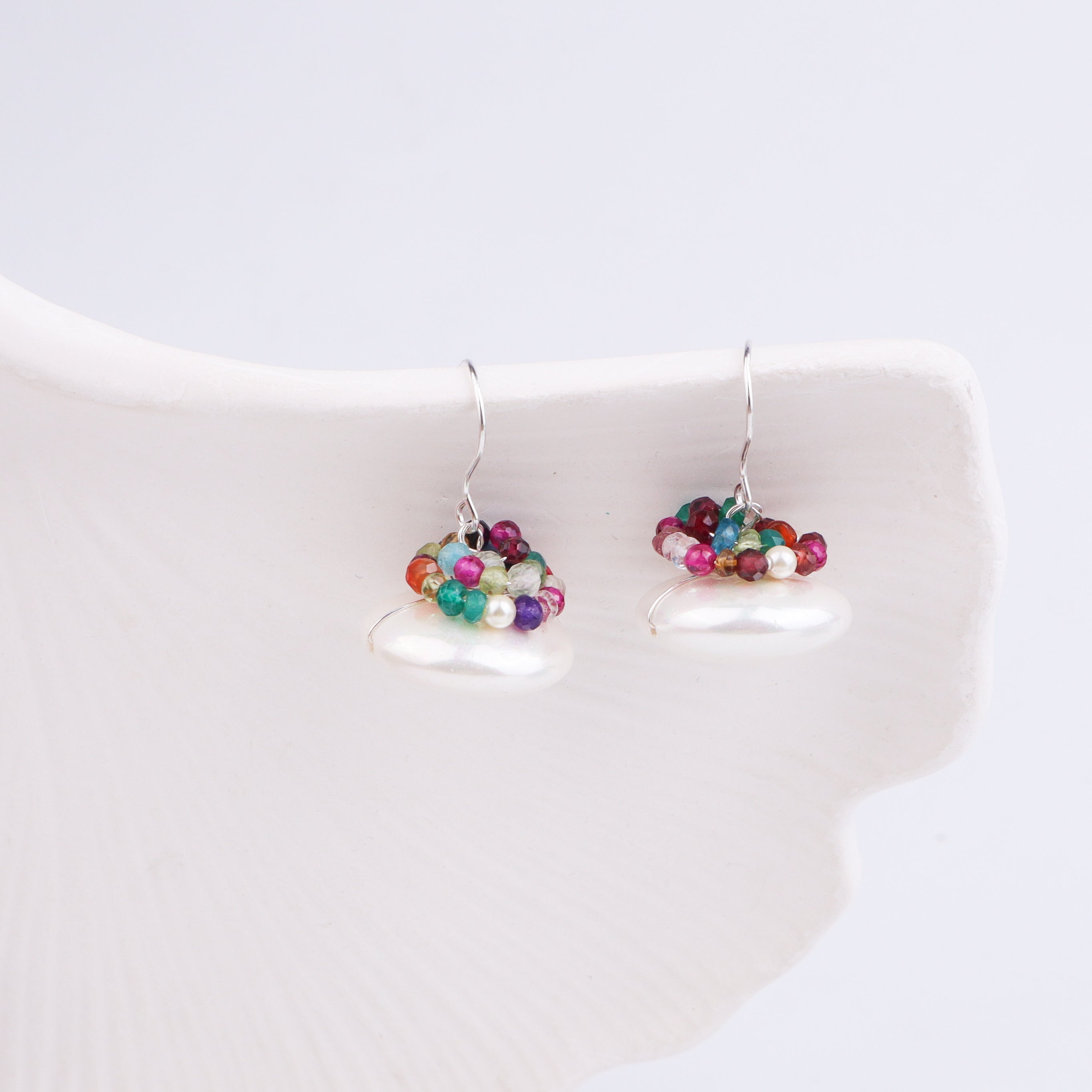 Silver Coin Pearl Earrings with Multicolor Stones (Project Handmade)