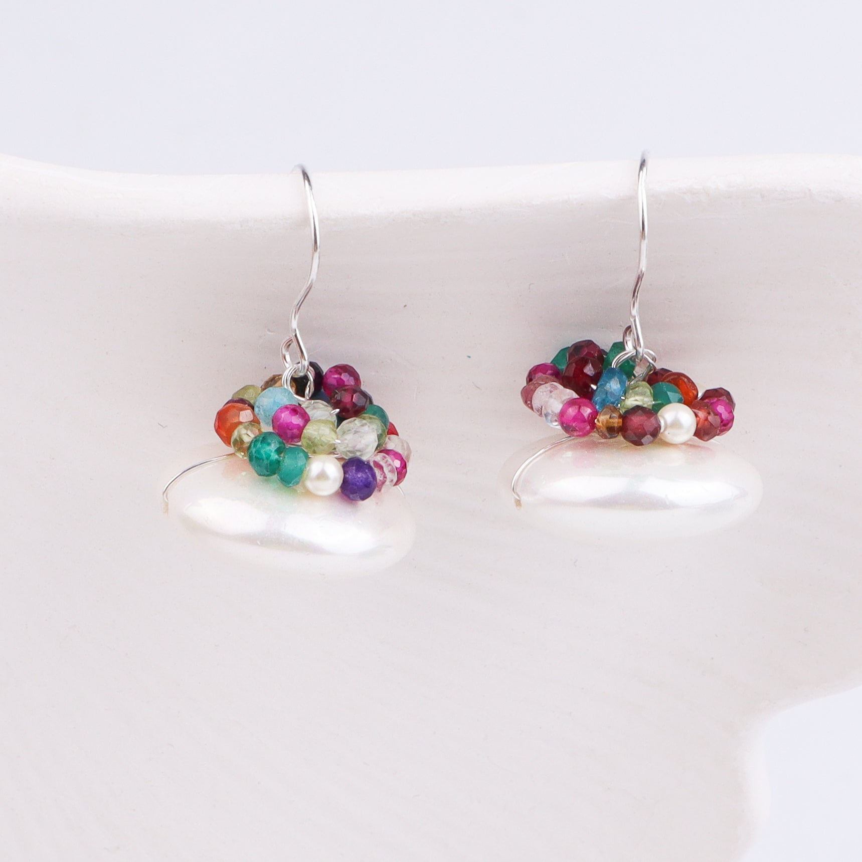 Silver Coin Pearl Earrings with Multicolor Stones (Project Handmade)