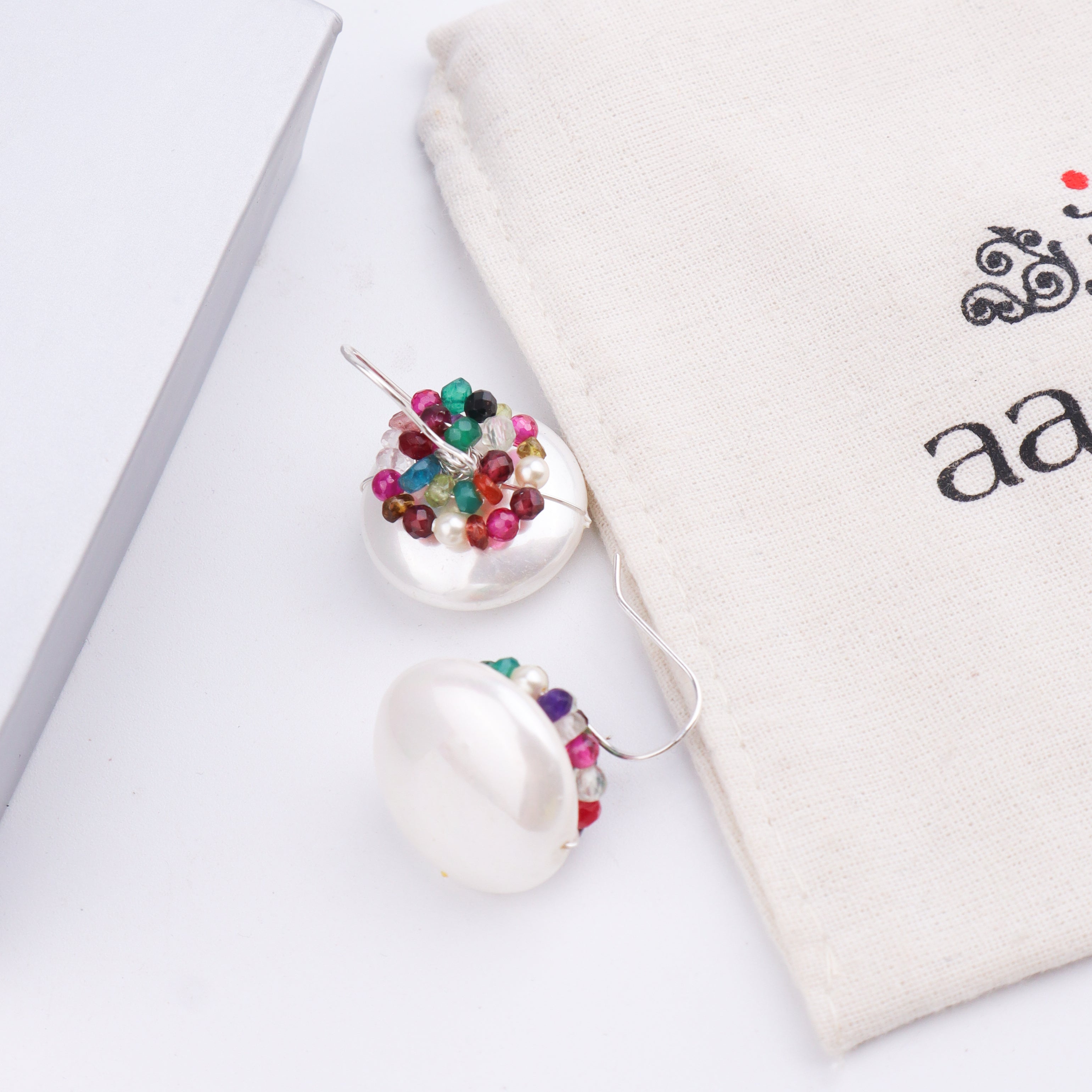 Silver Coin Pearl Earrings with Multicolor Stones (Project Handmade)