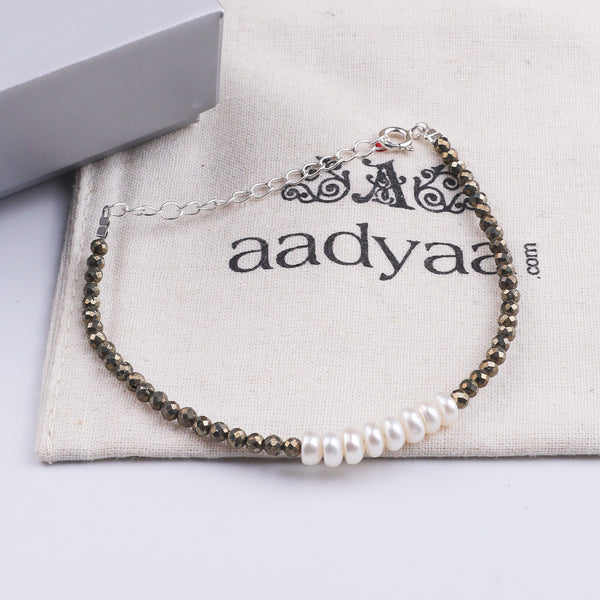 Pyrite & Freshwater Pearl Silver Bracelet (Project Handmade)