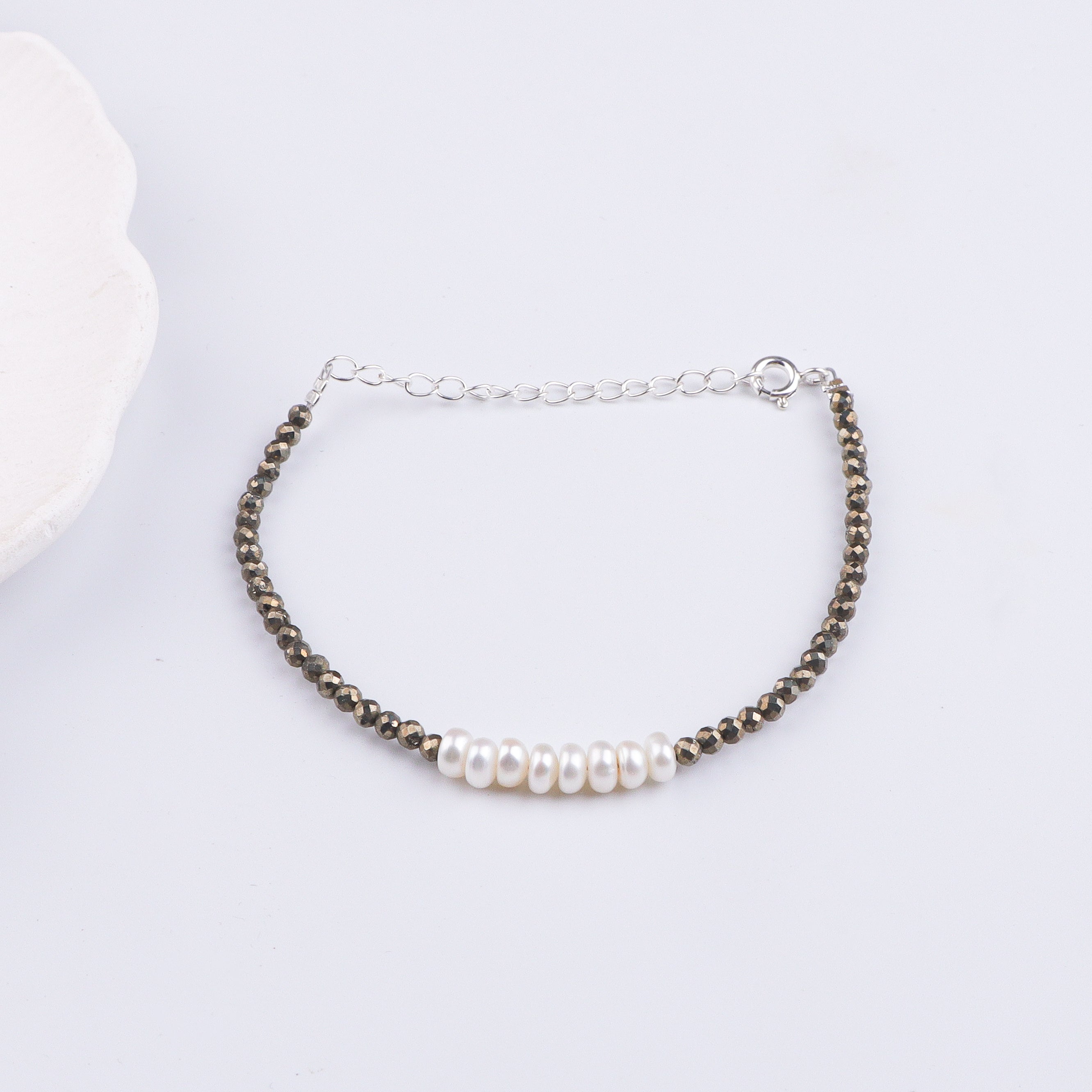 Pyrite & Freshwater Pearl Silver Bracelet (Project Handmade)