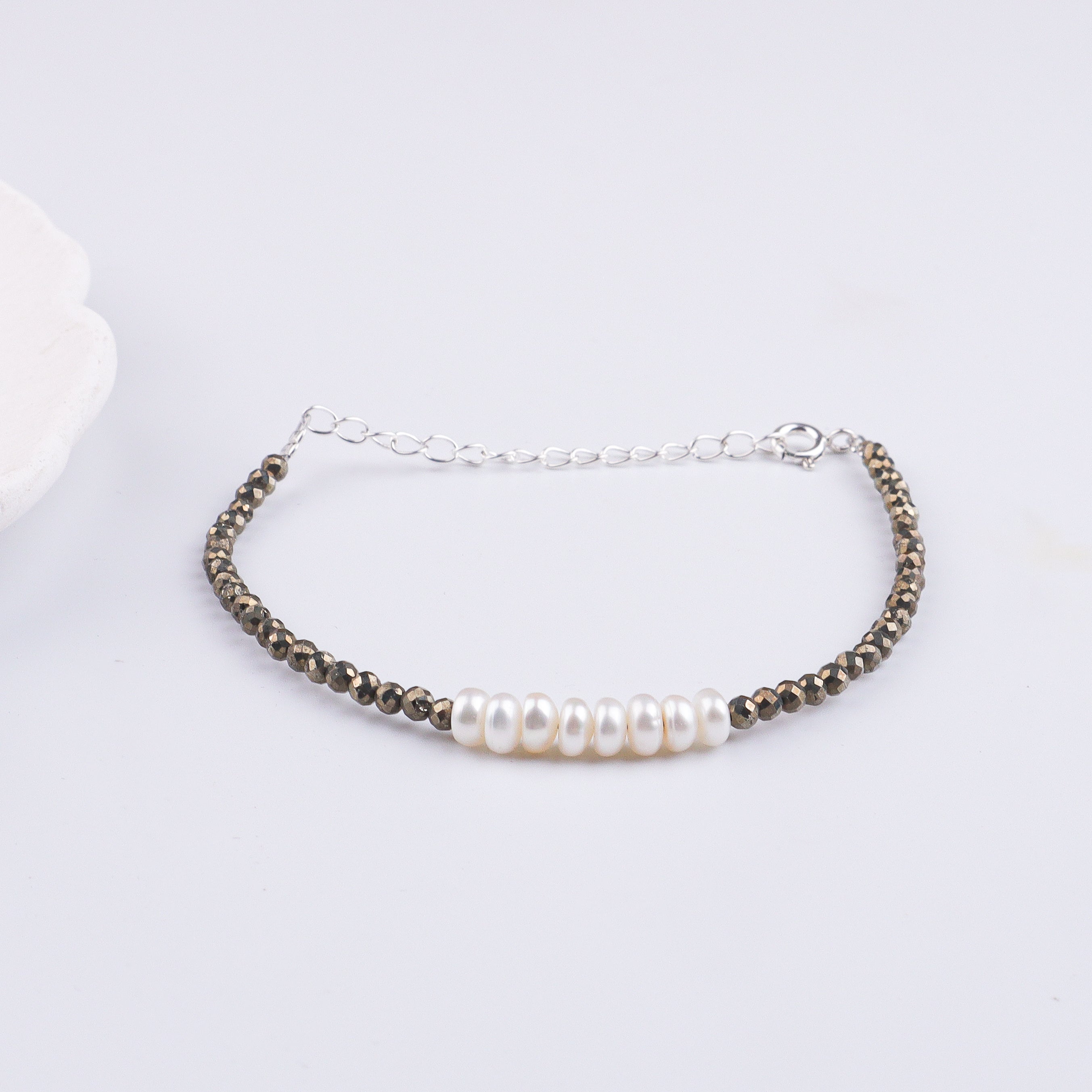 Pyrite & Freshwater Pearl Silver Bracelet (Project Handmade)