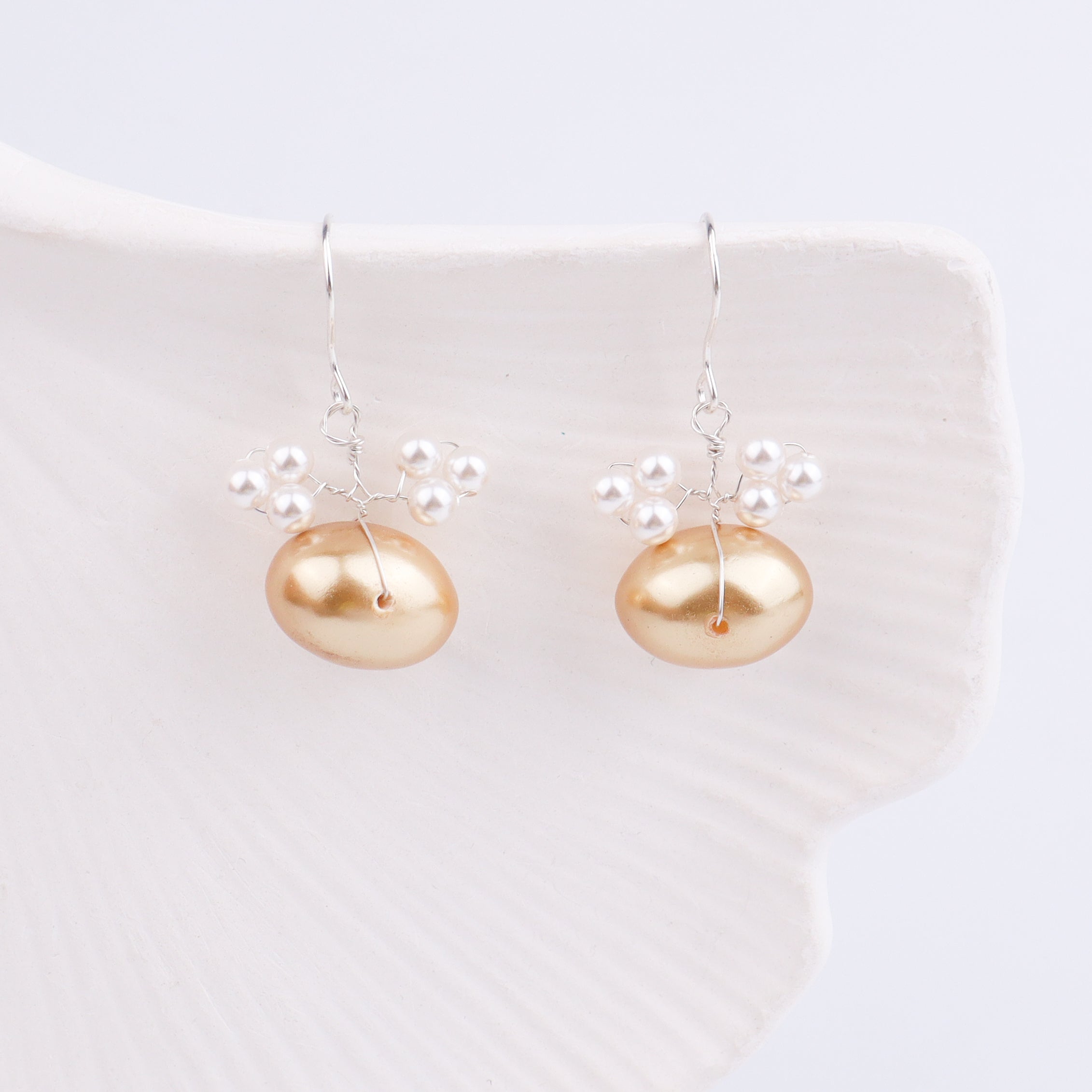 Silver Earrings with White & Golden Pearls (Project Handmade)