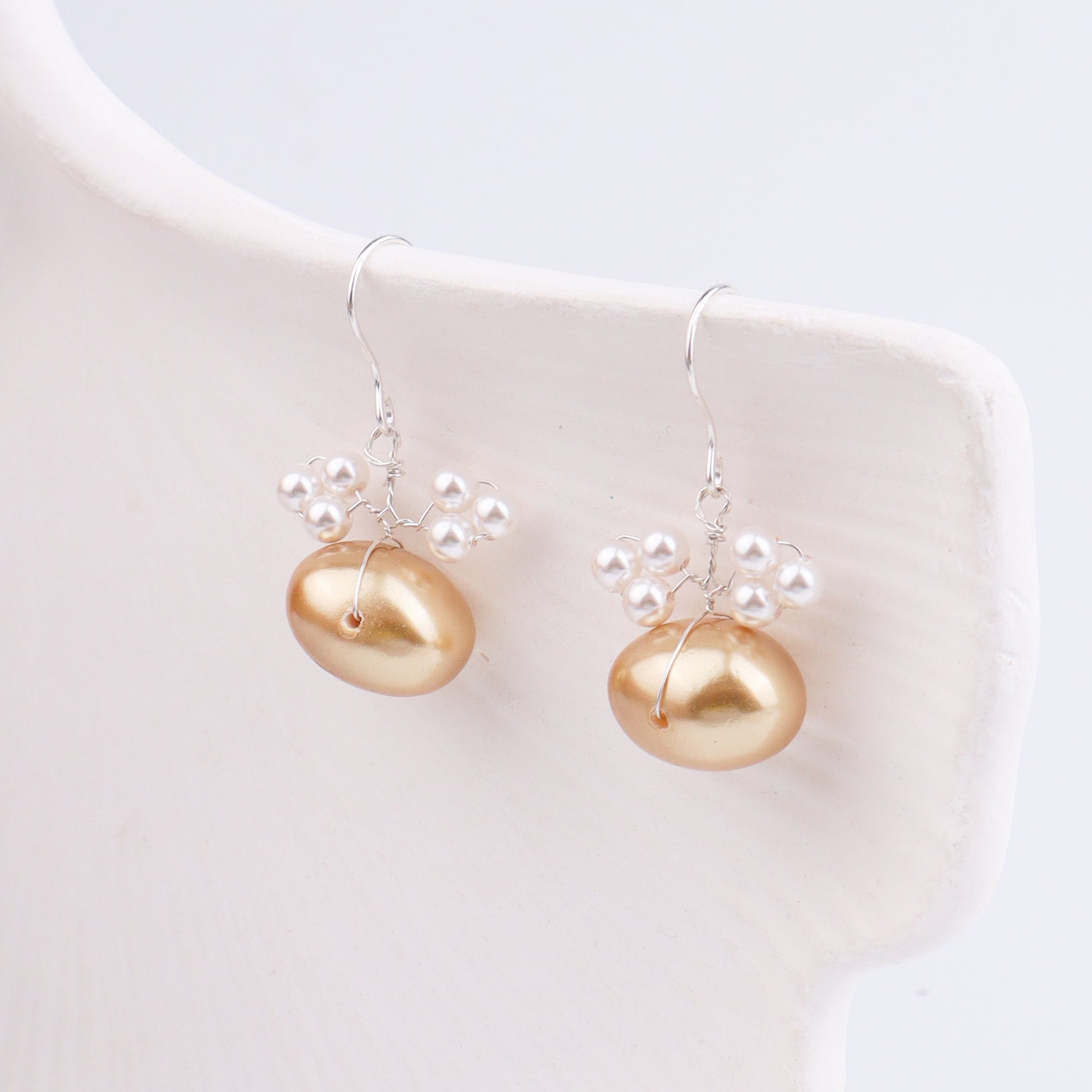 Silver Earrings with White & Golden Pearls (Project Handmade)