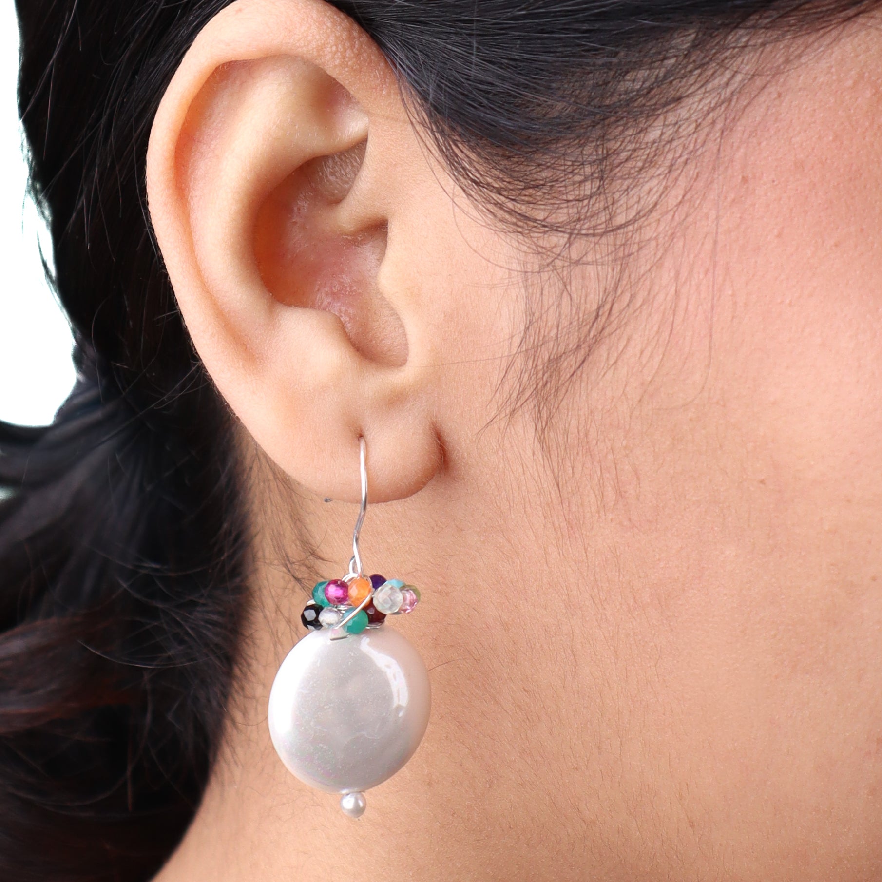 Coin Pearl Silver Earrings with Multicolor Stones (Project Handmade)