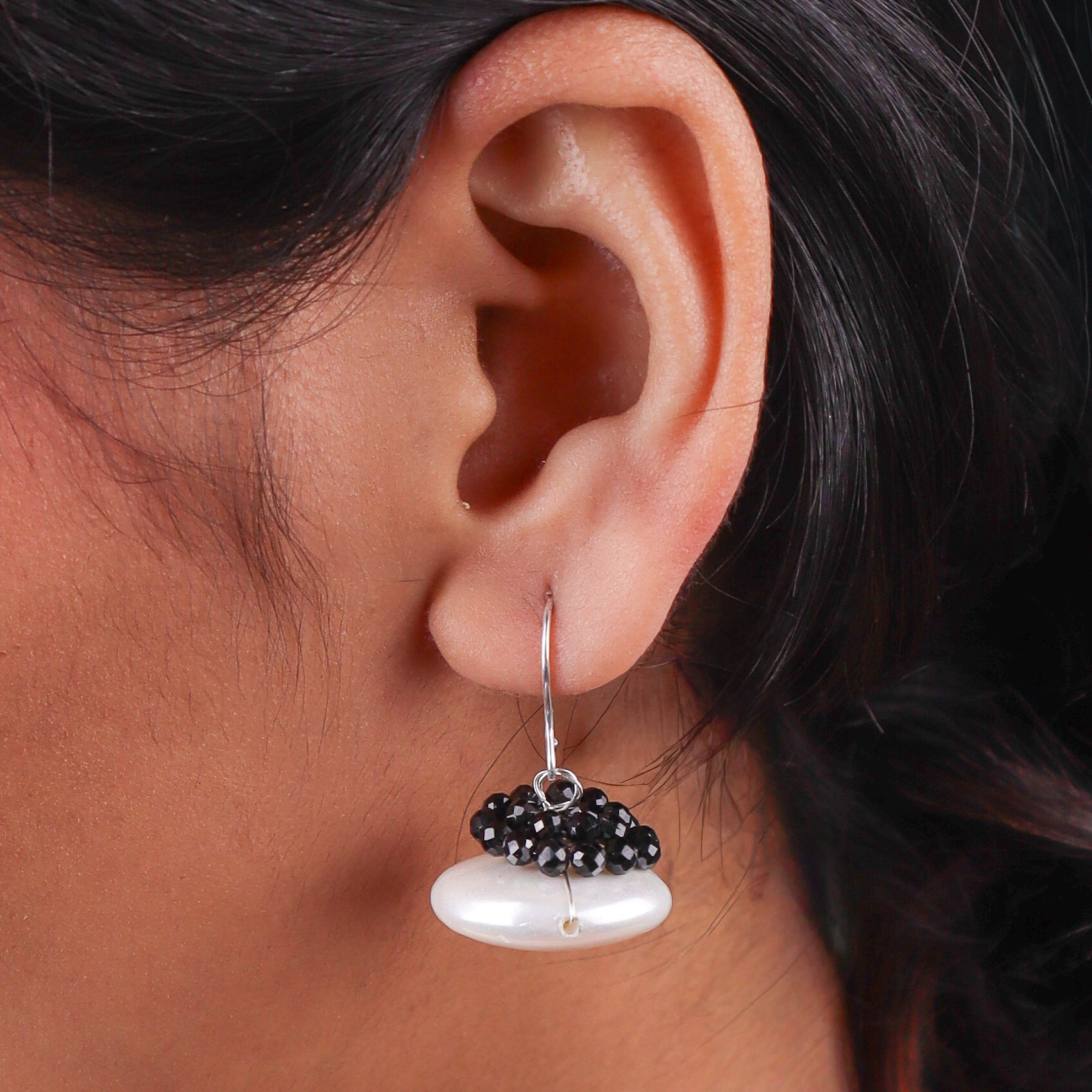 Coin Pearl Silver Earrings with Black Spinel (Project Handmade)