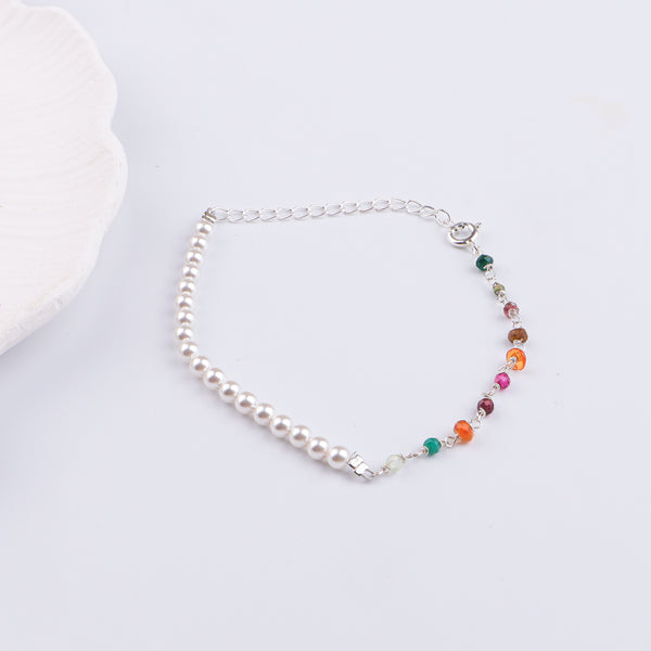 Multicolor Stone & Pearl Silver Bracelet (Project Handmade)