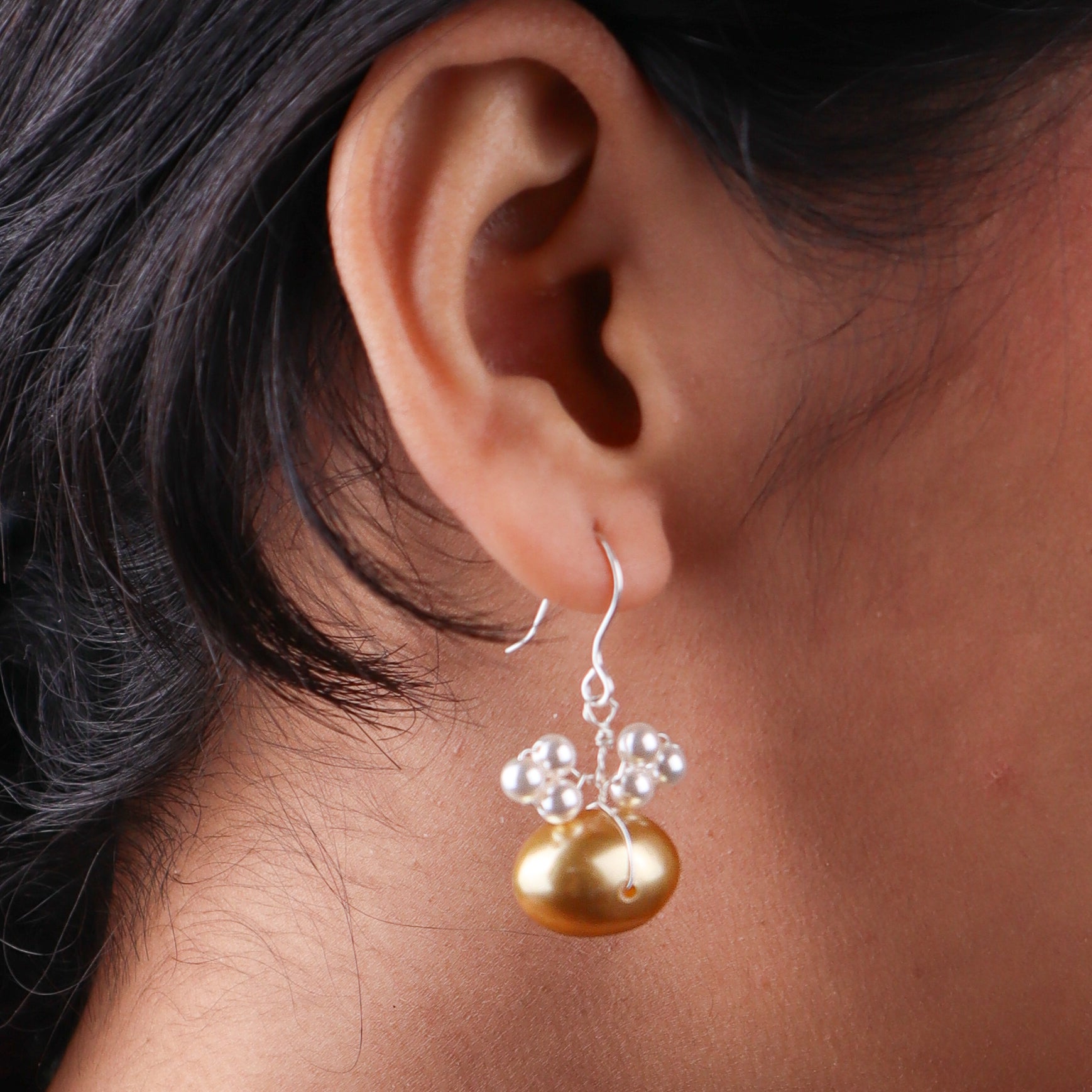 Silver Earrings with White & Golden Pearls (Project Handmade)