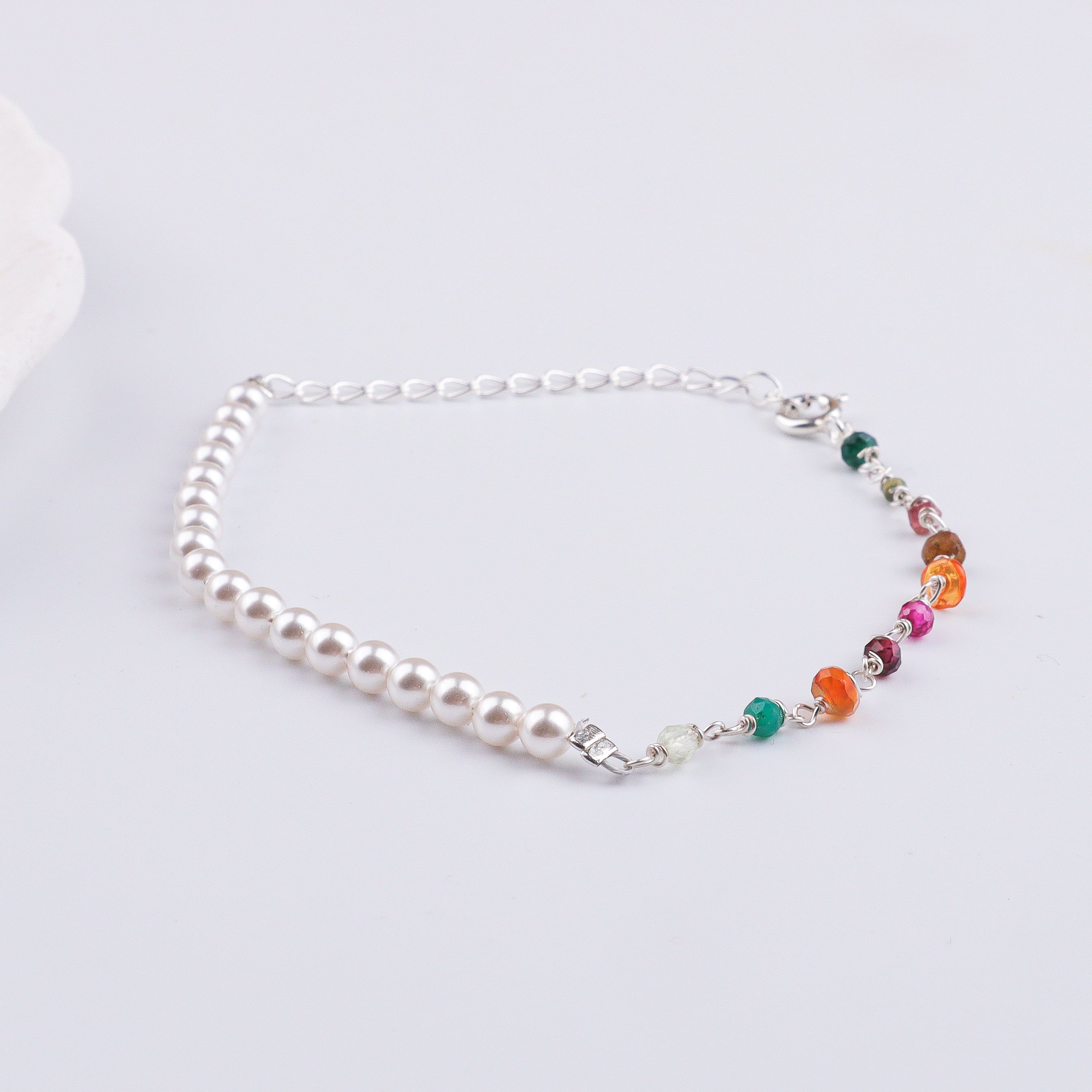 Multicolor Stone & Pearl Silver Bracelet (Project Handmade)