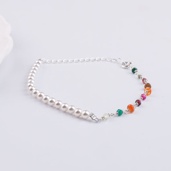 Multicolor Stone & Pearl Silver Bracelet (Project Handmade)