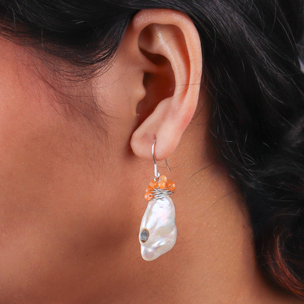 Baroque Pearl & Orange Agate Silver Earrings (Project Handmade)