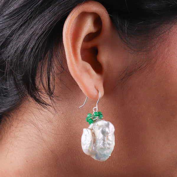 Baroque Pearl & Green Agate Silver Earrings (Project Handmade)