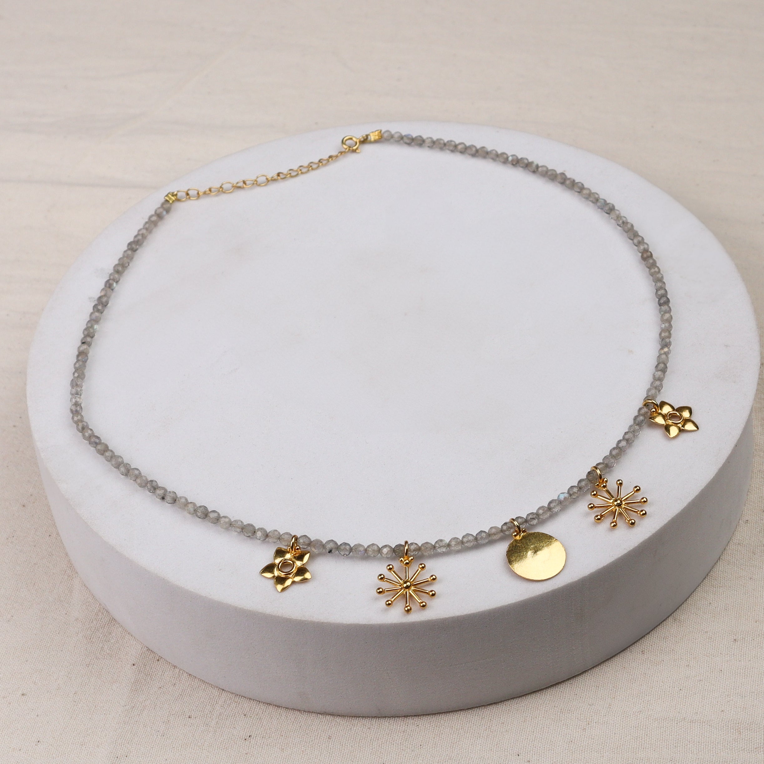 5 Charm Necklace with Labradorite Stones | 92.5 Silver | 22K Gold Plated