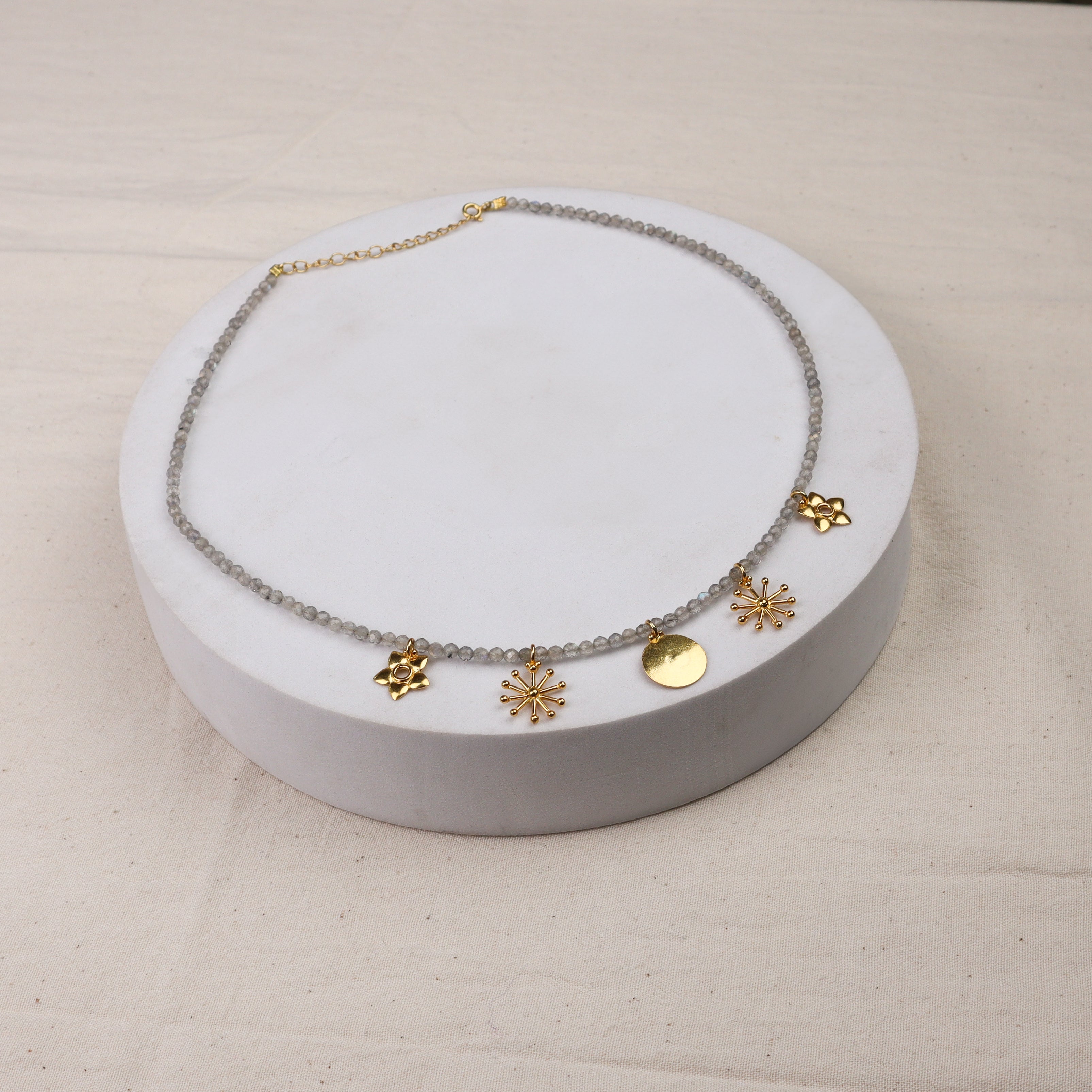 5 Charm Necklace with Labradorite Stones | 92.5 Silver | 22K Gold Plated