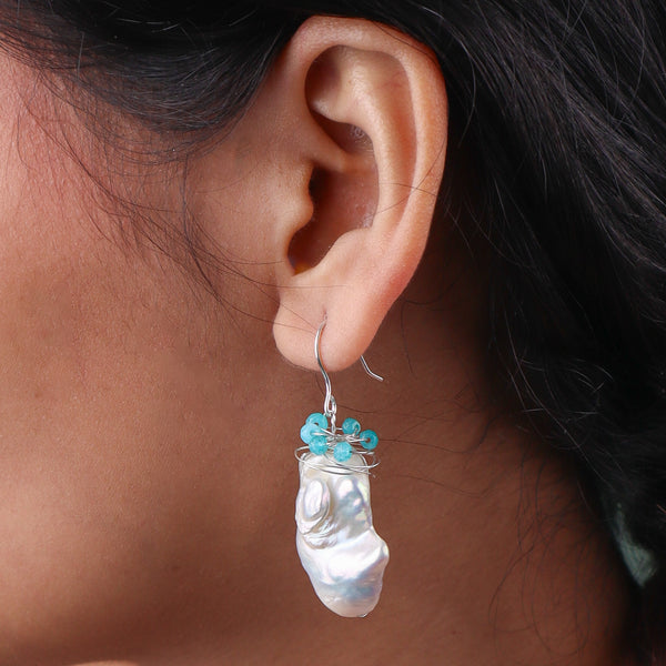 Baroque Pearl & Lace Blue Agate Silver Earrings (Project Handmade)