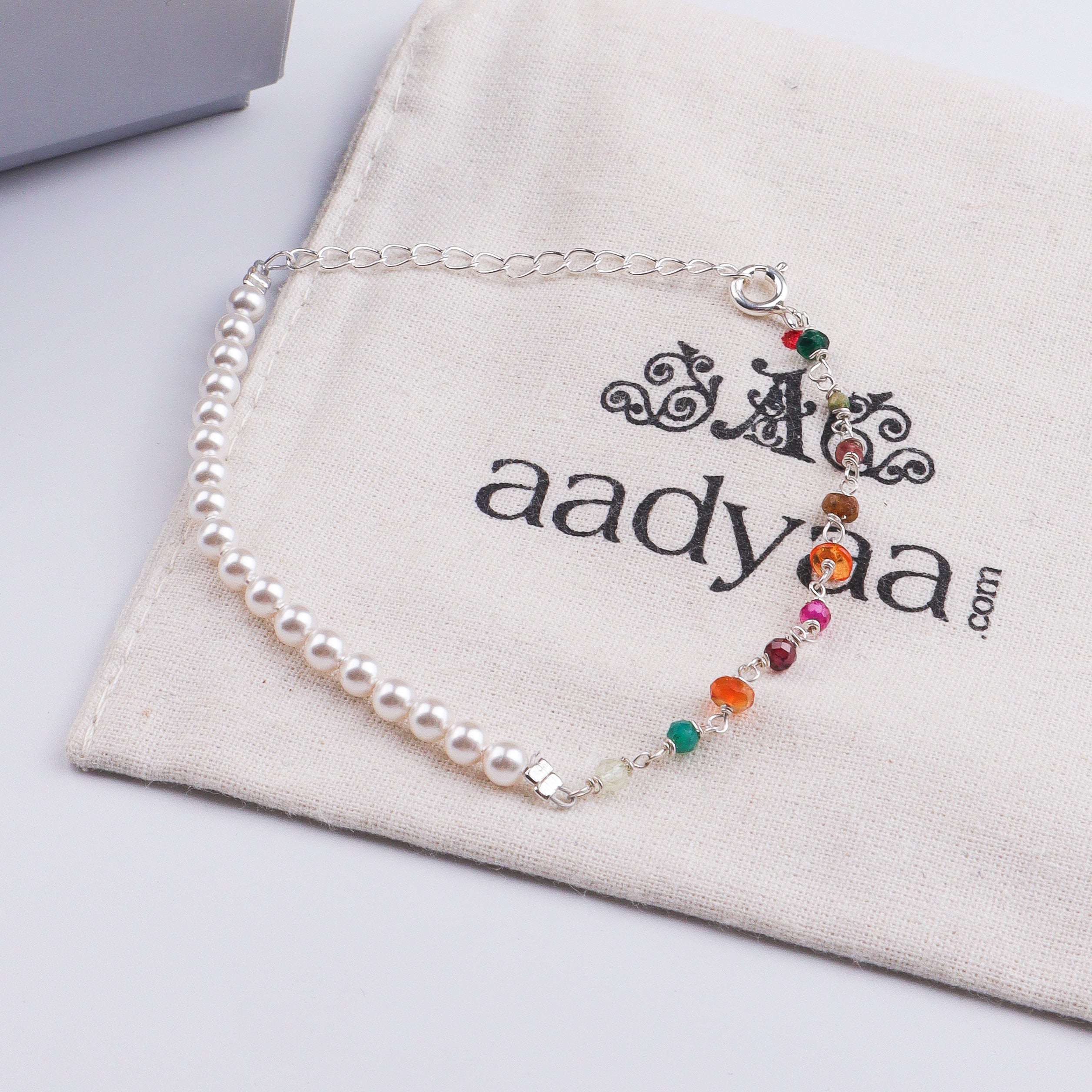 Multicolor Stone & Pearl Silver Bracelet (Project Handmade)