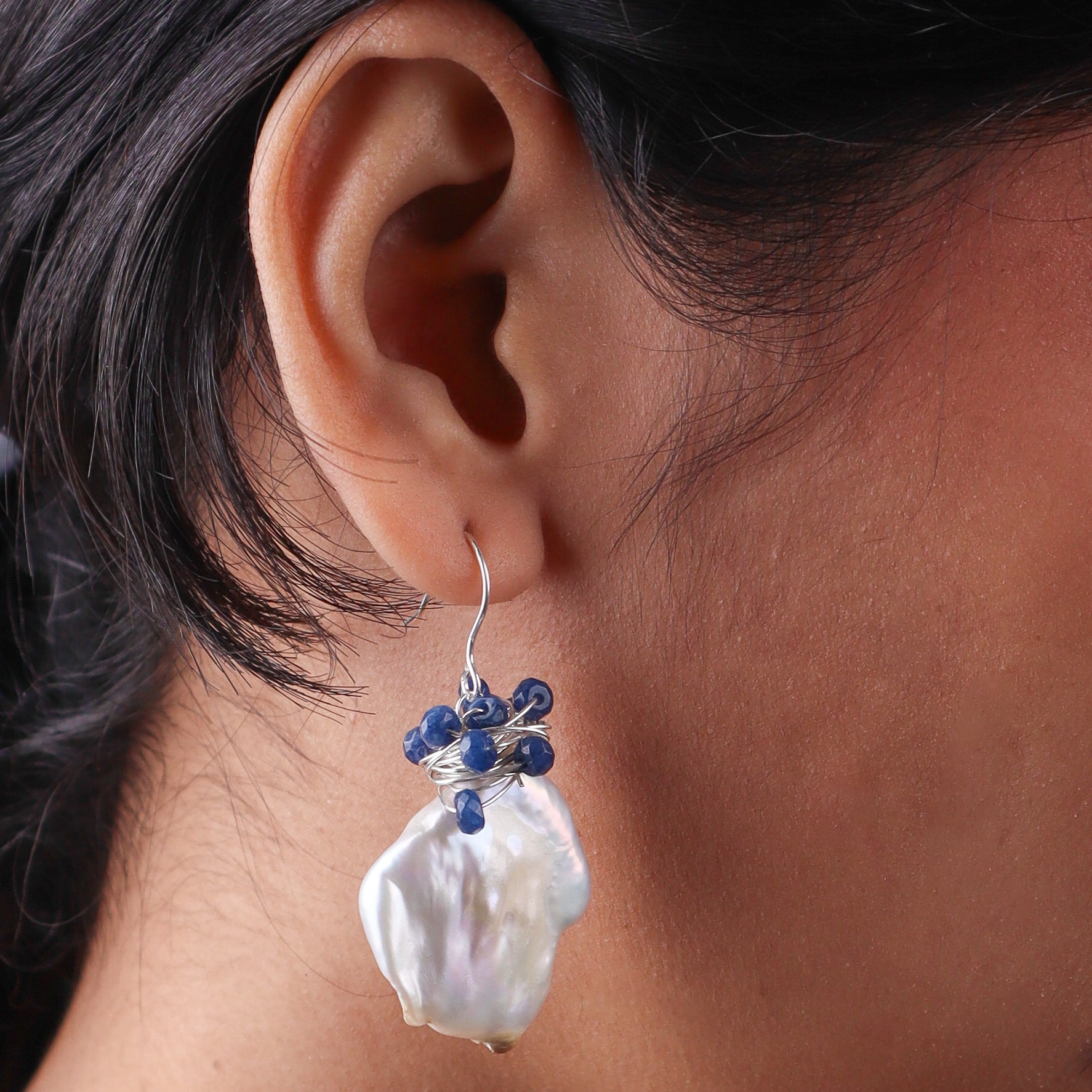 Baroque Pearl & Blue Agate Silver Earrings (Project Handmade)