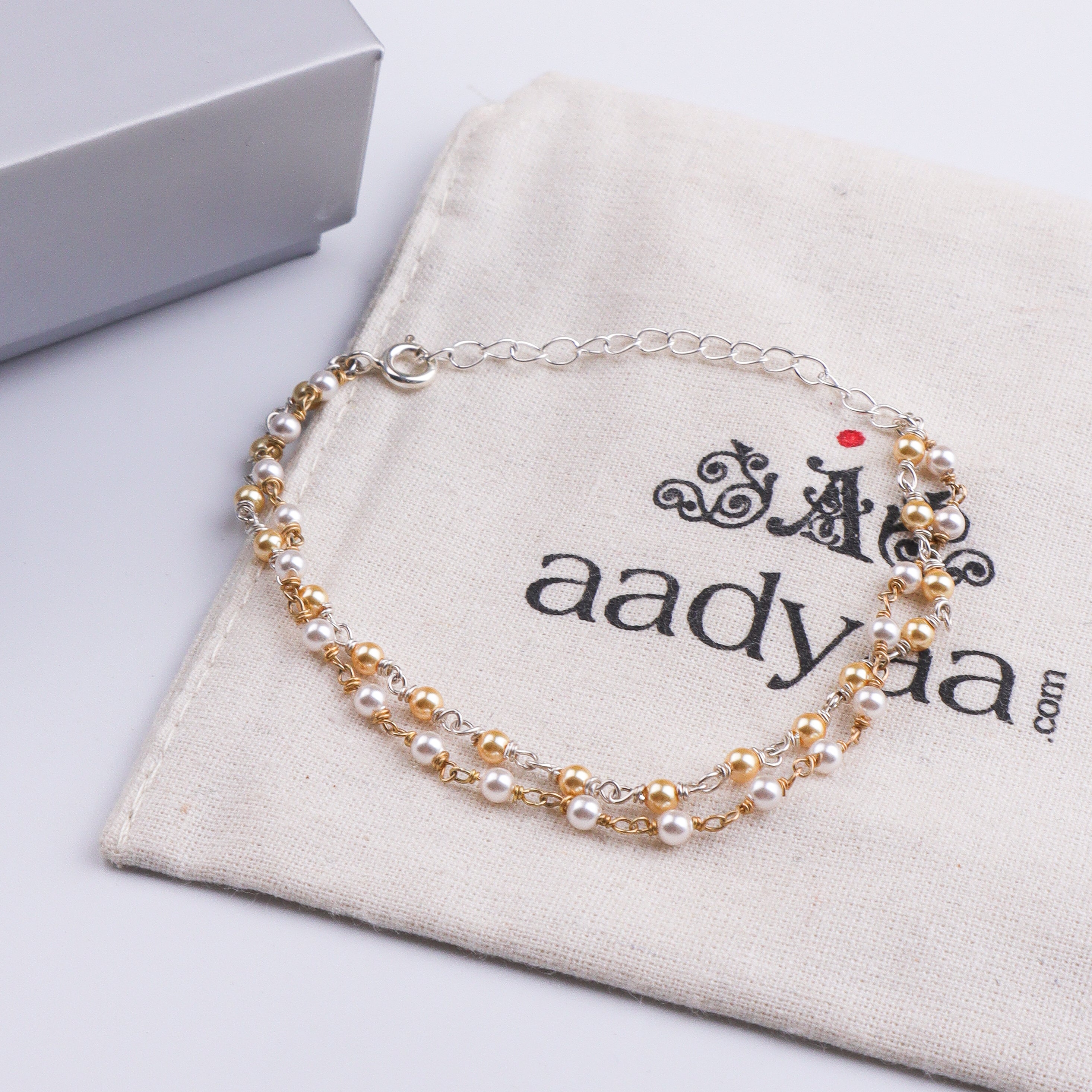 White & Golden Pearl Silver Bracelet (Project Handmade)