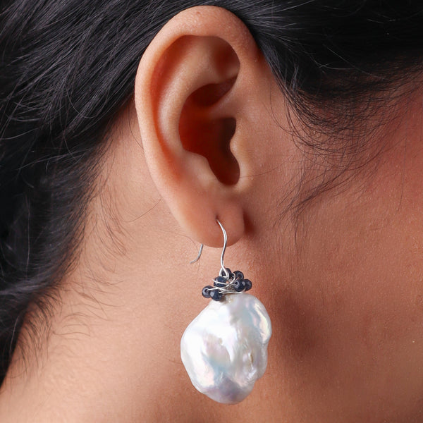 Baroque Pearl & Black Agate Silver Earrings (Project Handmade)