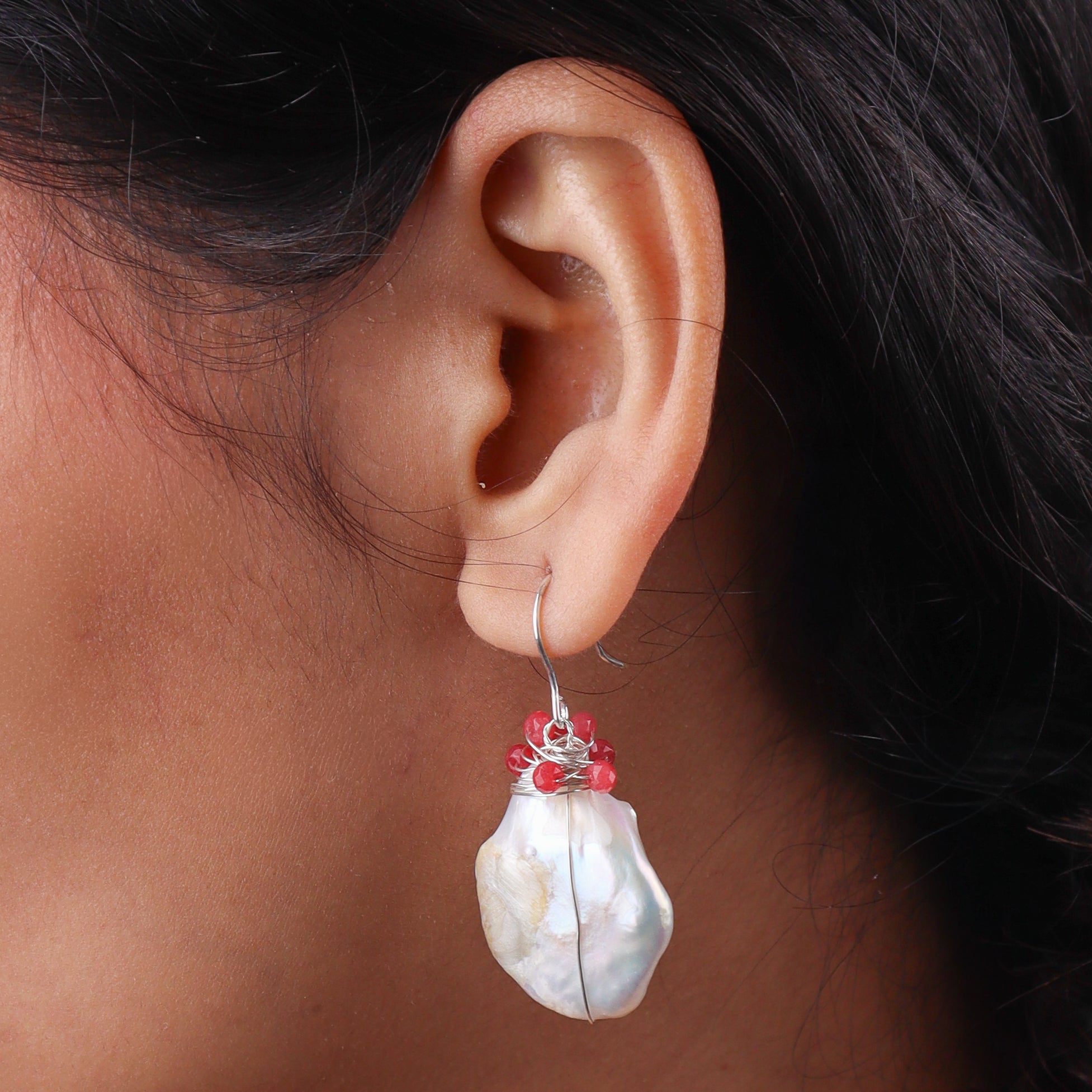 Baroque Pearl & Red Agate Silver Earrings (Project Handmade)