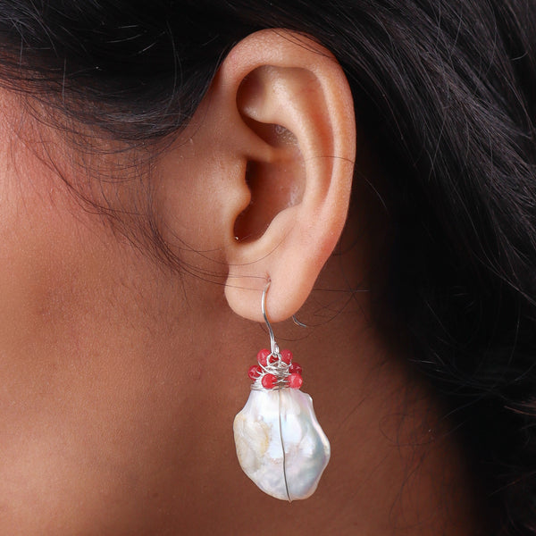 Baroque Pearl & Red Agate Silver Earrings (Project Handmade)