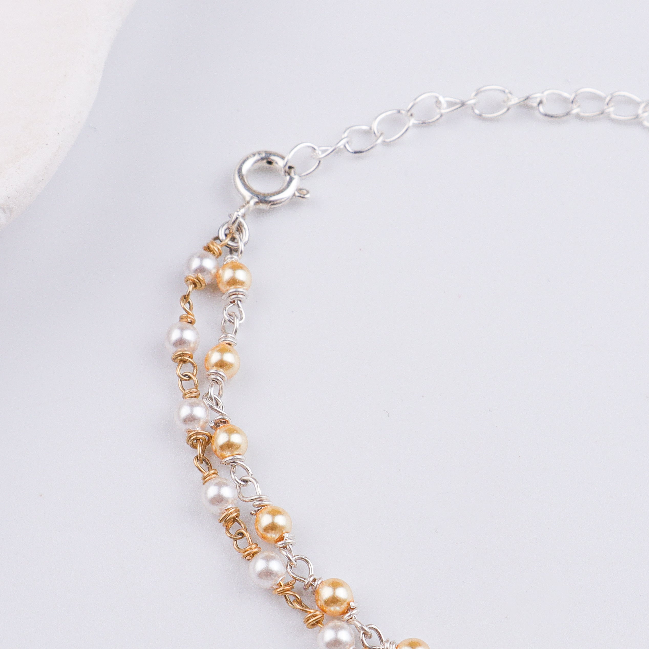 White & Golden Pearl Silver Bracelet (Project Handmade)