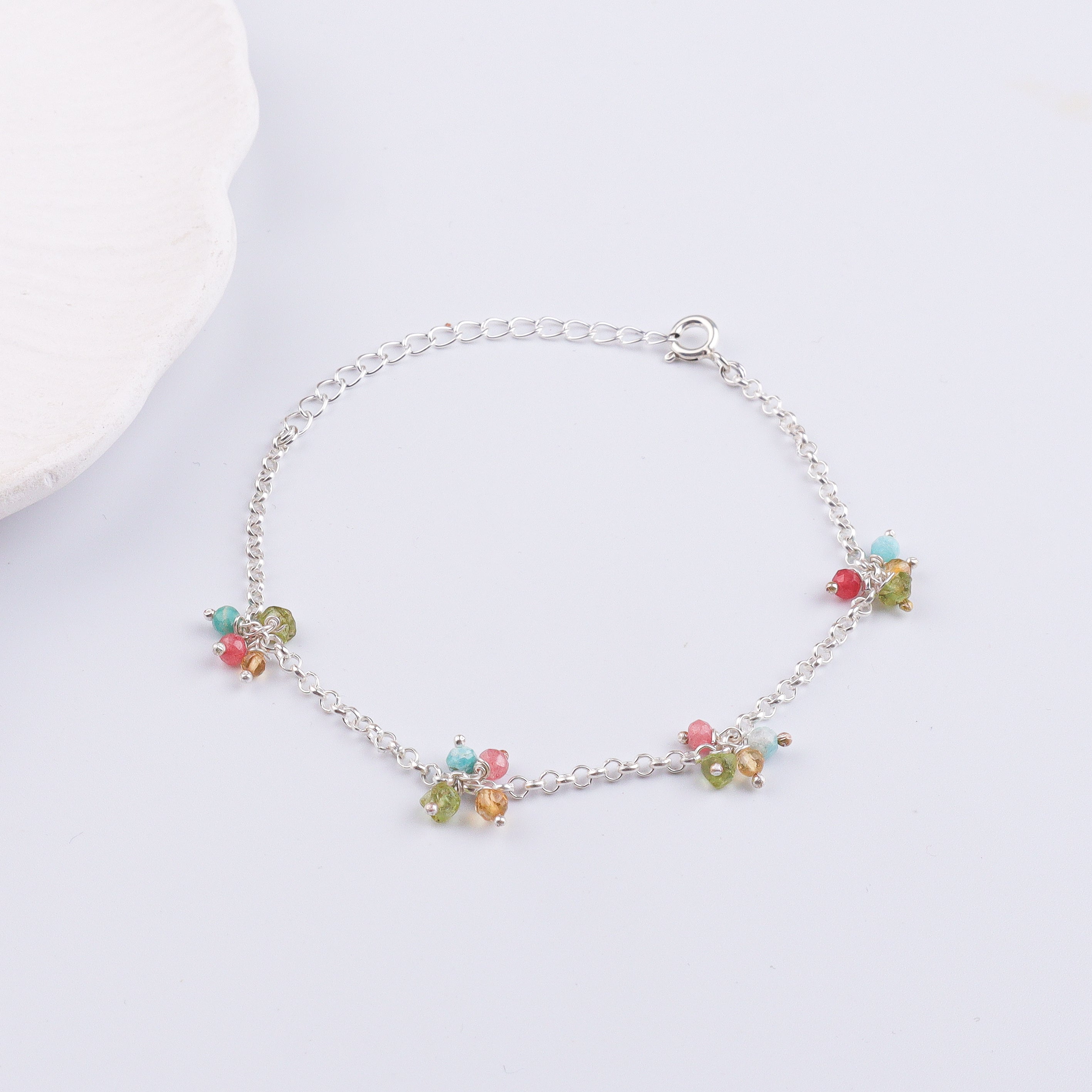 Multicolor Stone Bunch Silver Bracelet (Project Handmade)