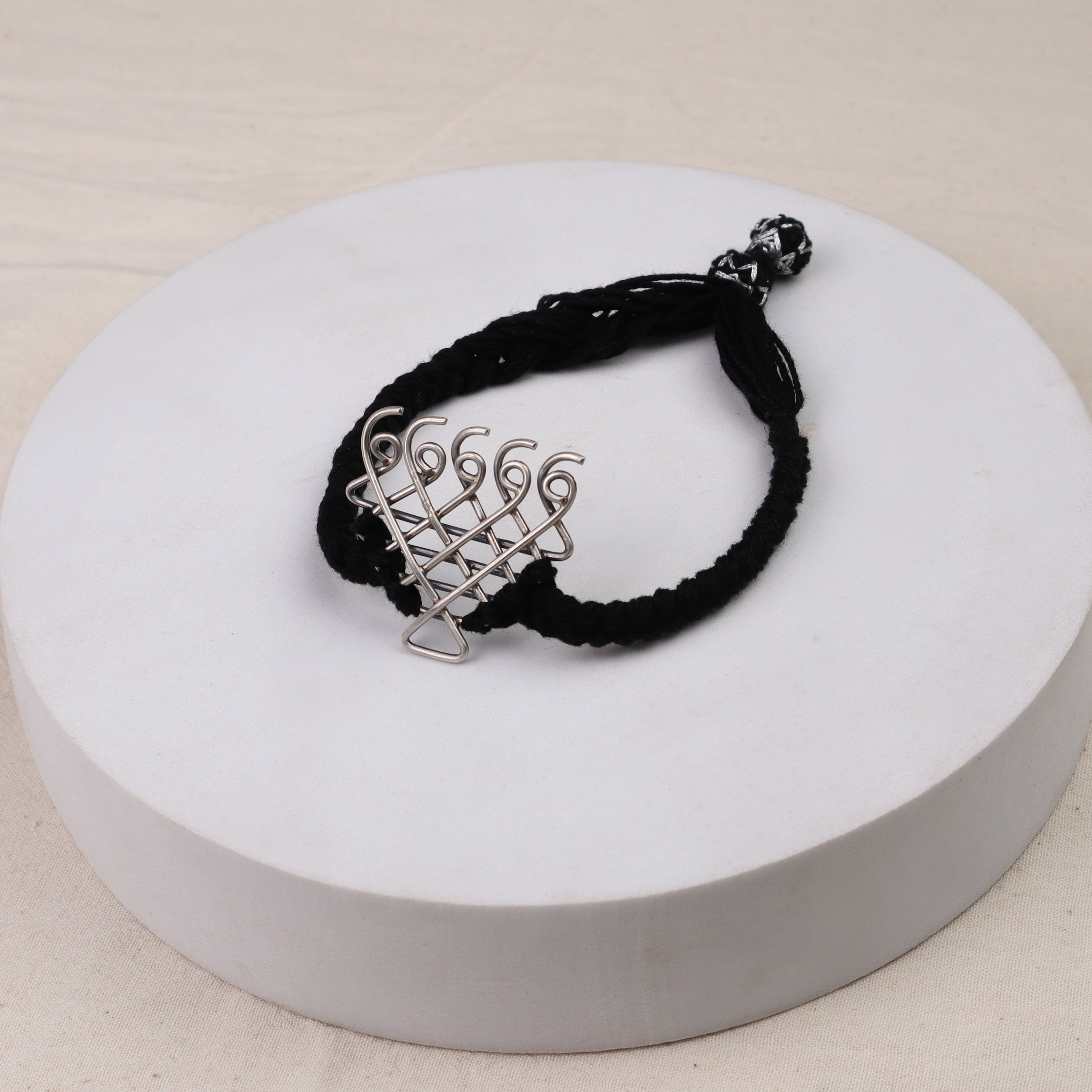 Silver Saraswati Bracelet for Men / Women with Black Thread ( Motif size : Medium )