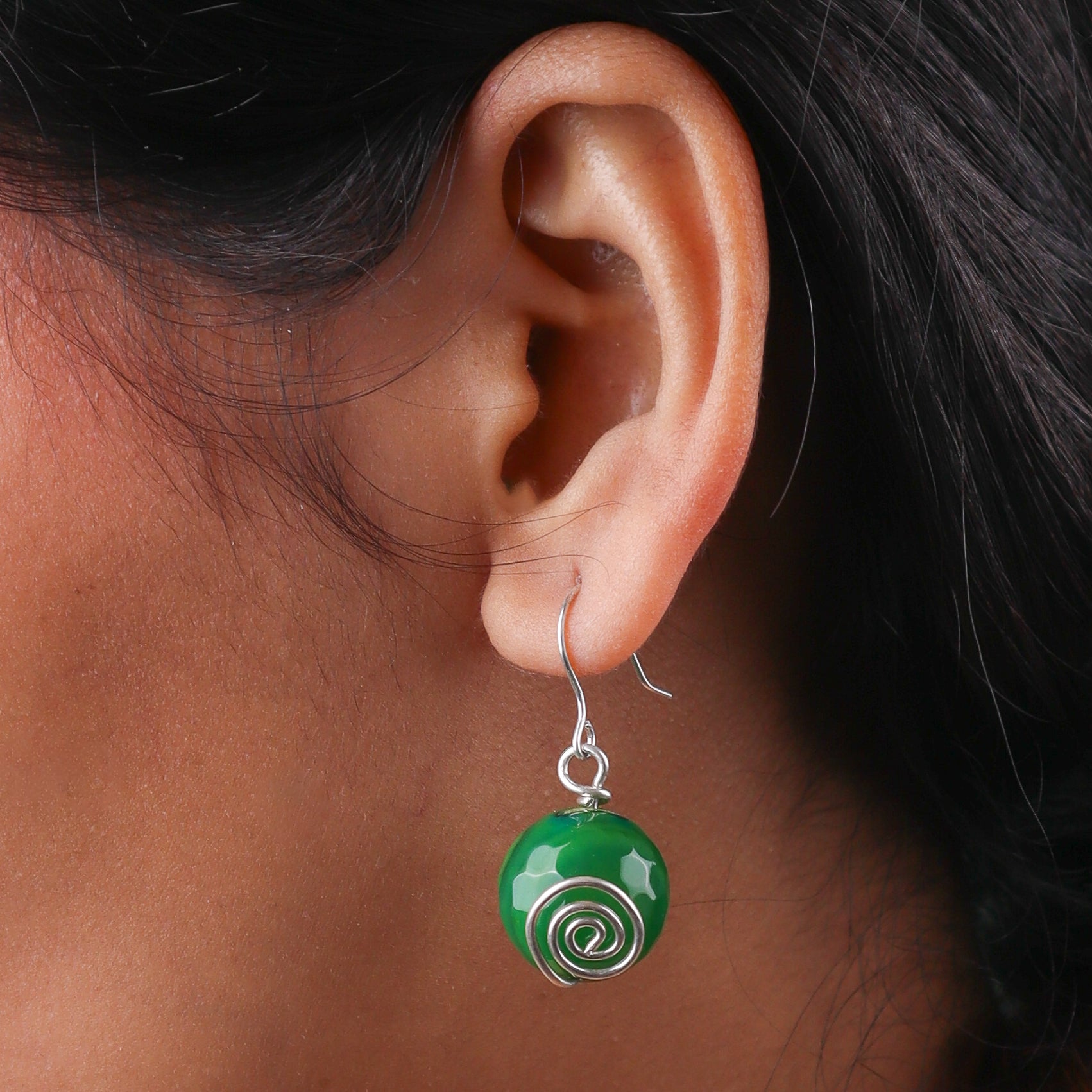 Green Agate Silver Earrings (Project Handmade)