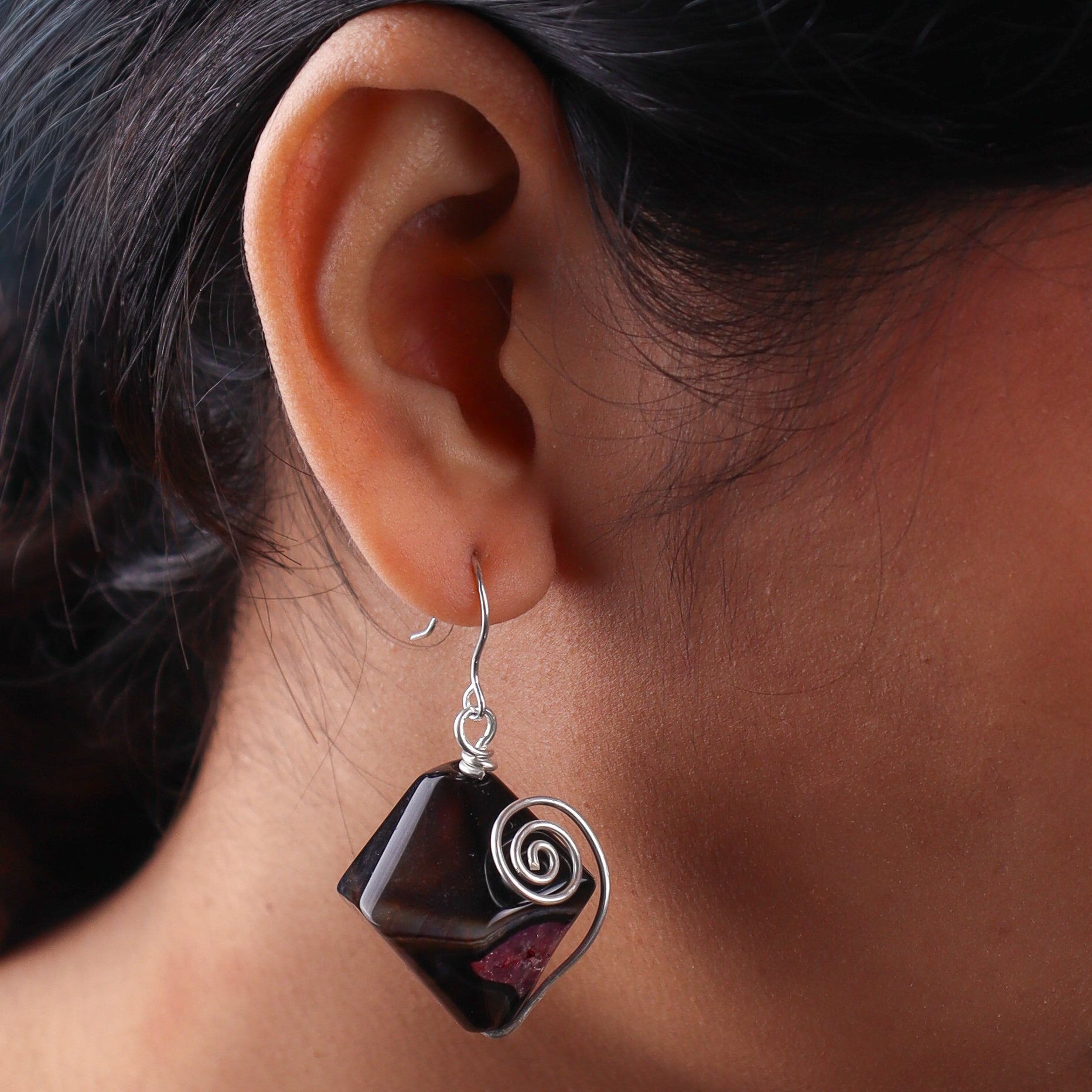 Dragon Vein Agate Silver Earrings (Project Handmade)