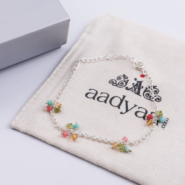 Multicolor Stone Bunch Silver Bracelet (Project Handmade)