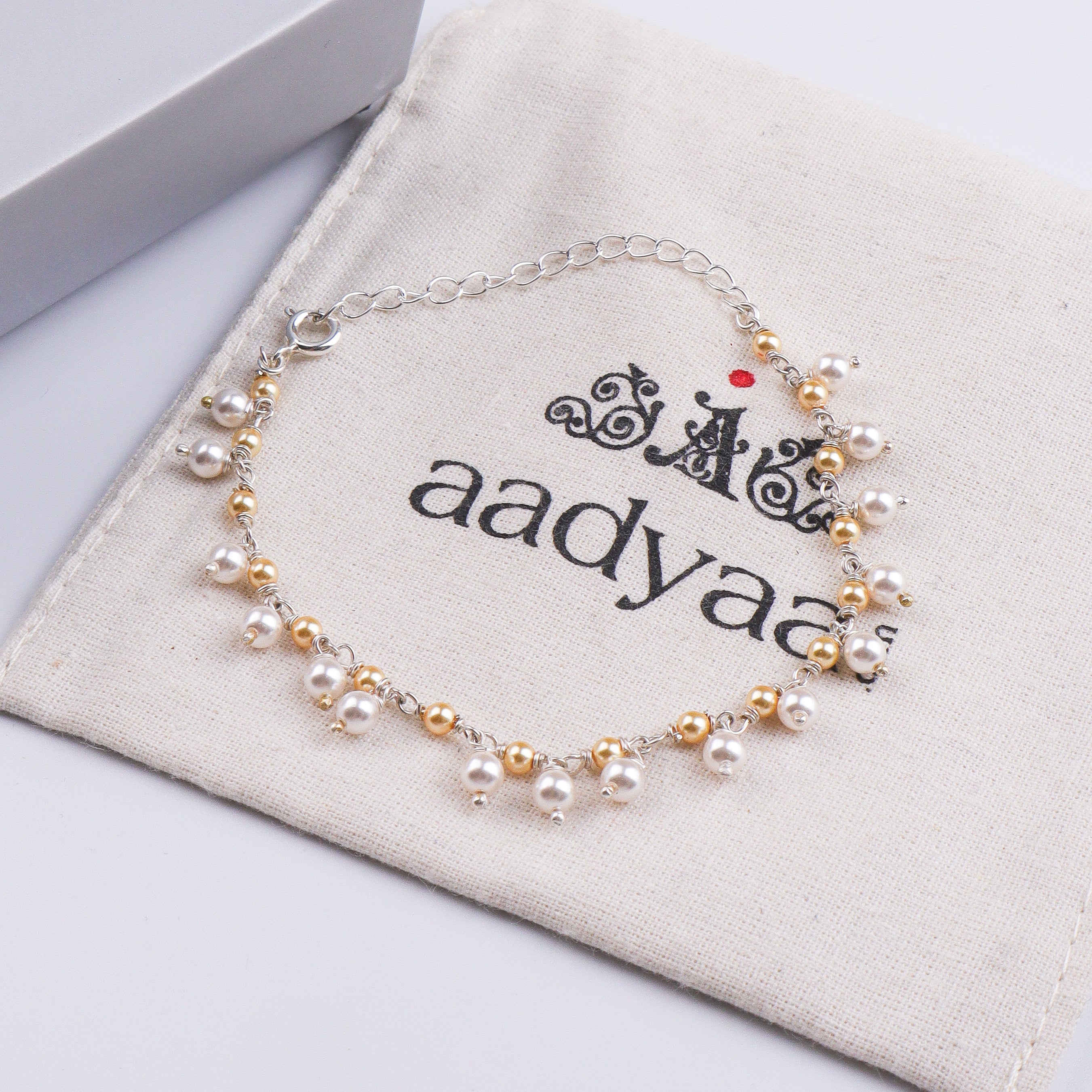 White & Golden Pearl Silver Bracelet (Project Handmade)